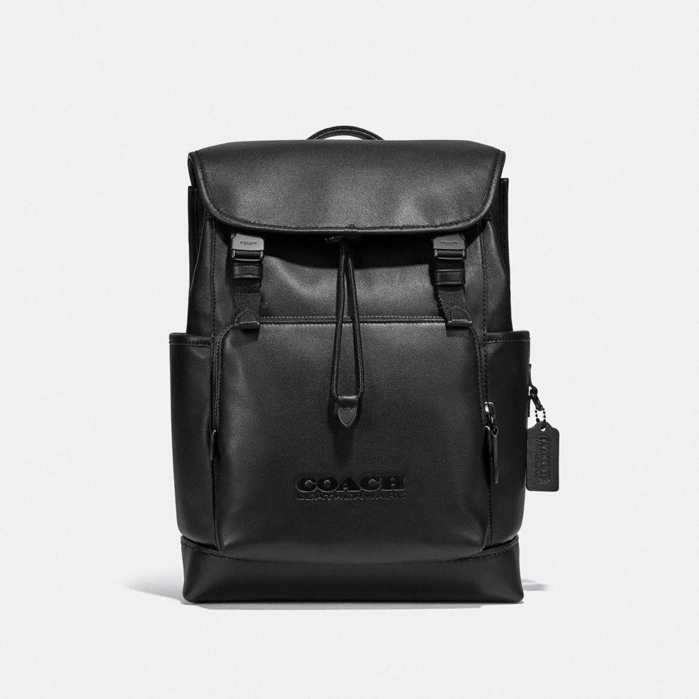 COACH Leather League Flap Backpack in Black Copper/Black (Black 
