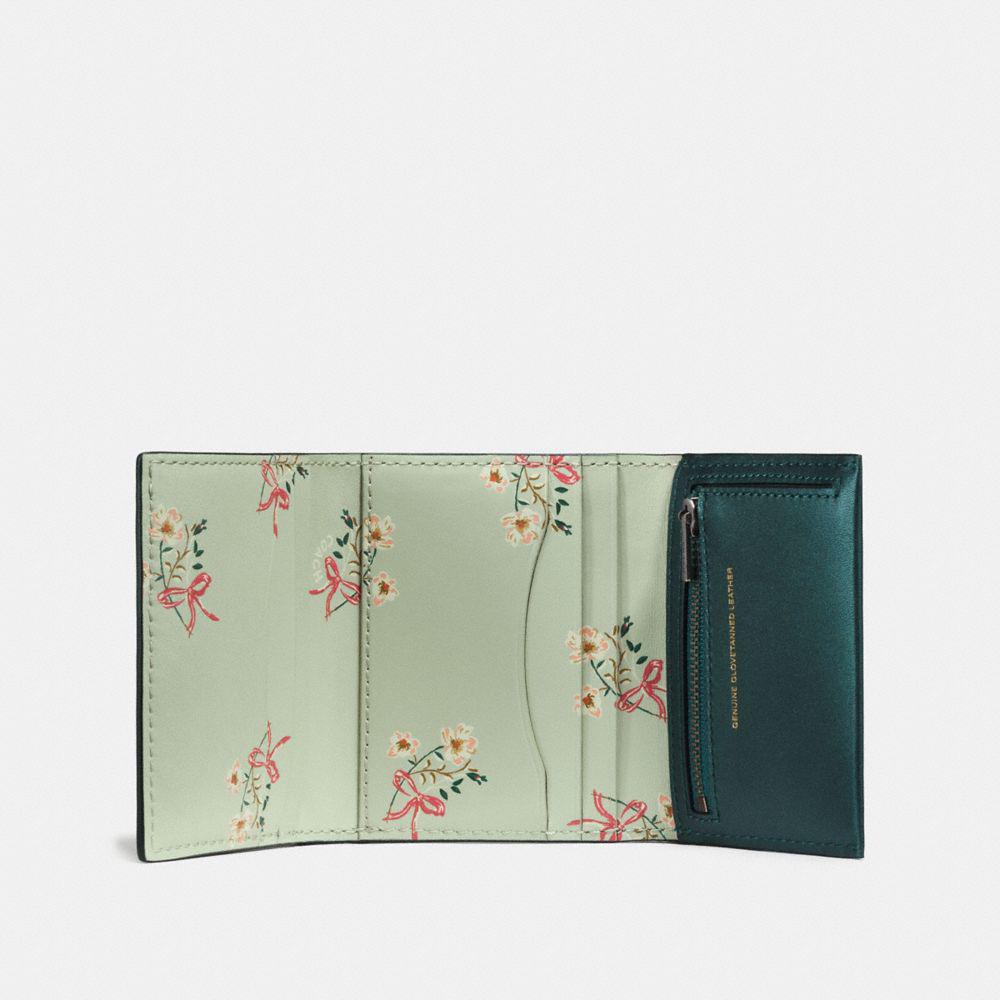 COACH Leather Small Trifold Wallet With Floral Bow Print Interior 