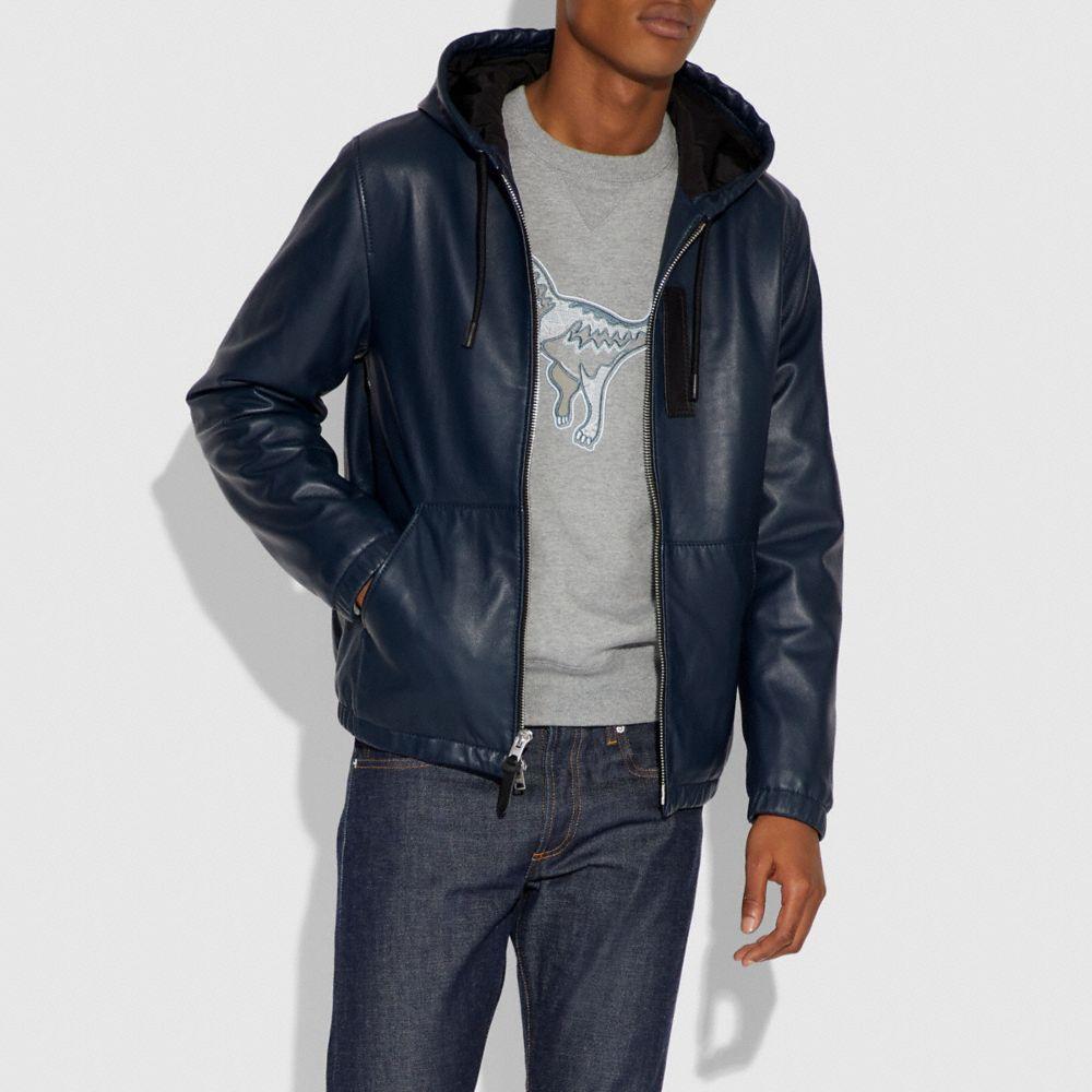 COACH Hooded Leather Jacket in Blue for Men | Lyst