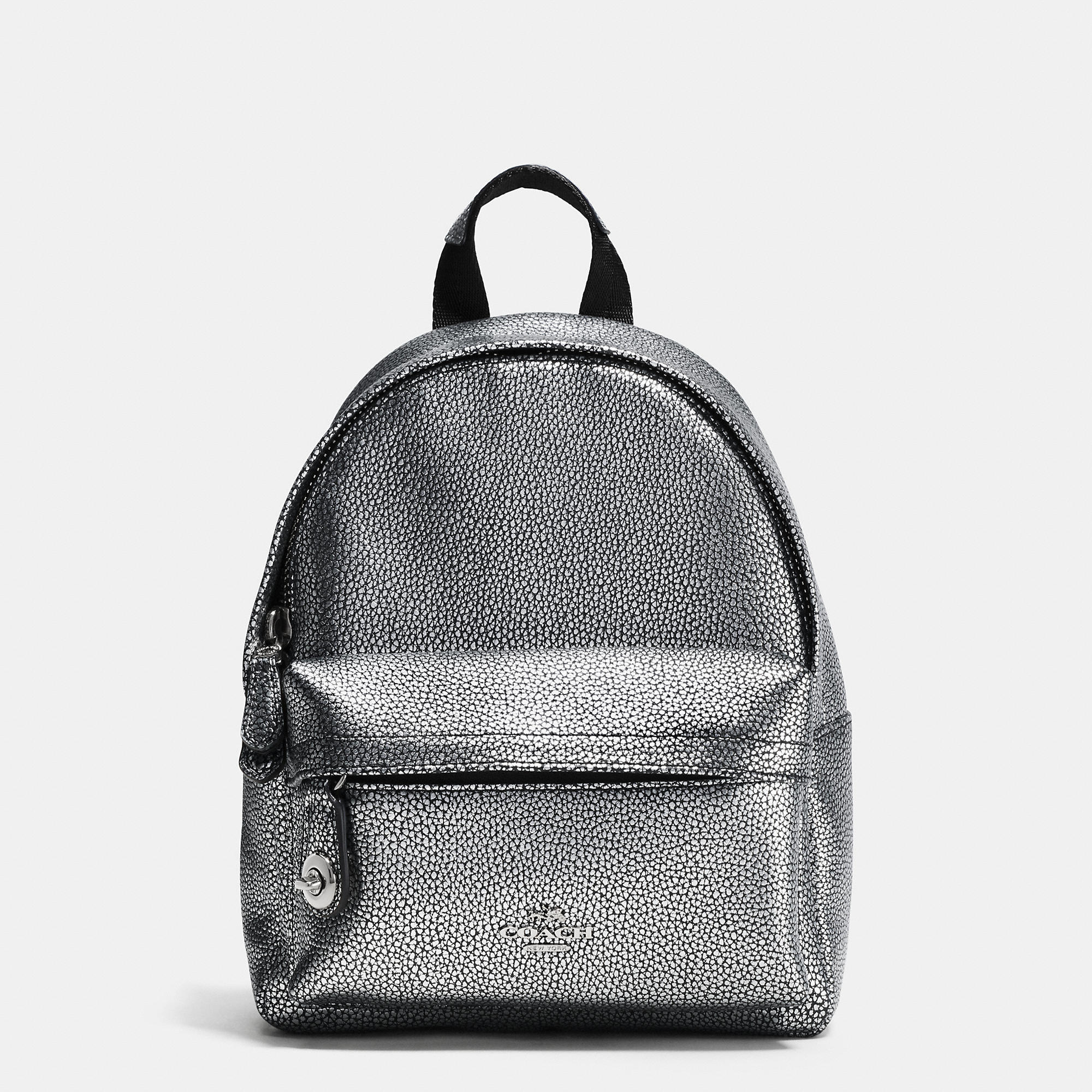 COACH Mini Campus Backpack In Pebble Leather in Silver/Silver 