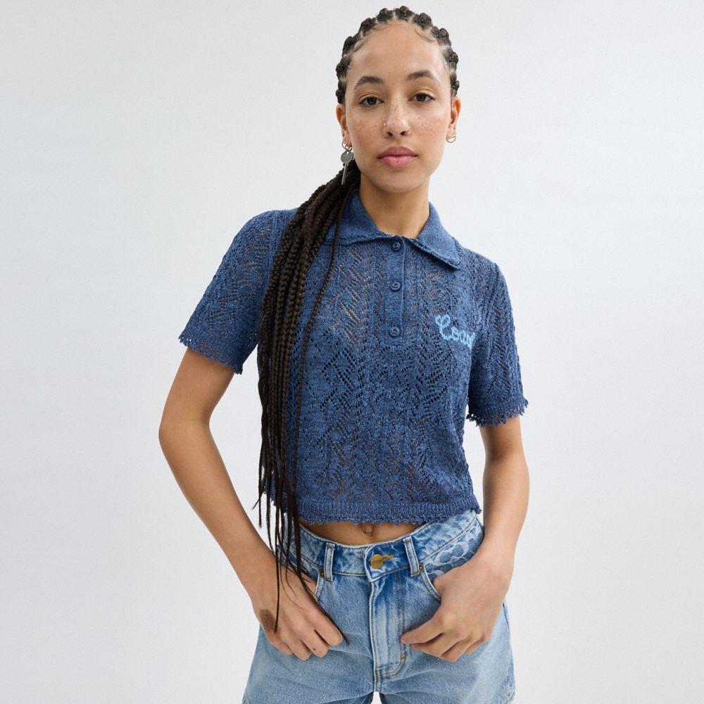 COACH クロップド ニット ポロ トップ COACH Cropped Knit Polo Top in Blue | Lyst