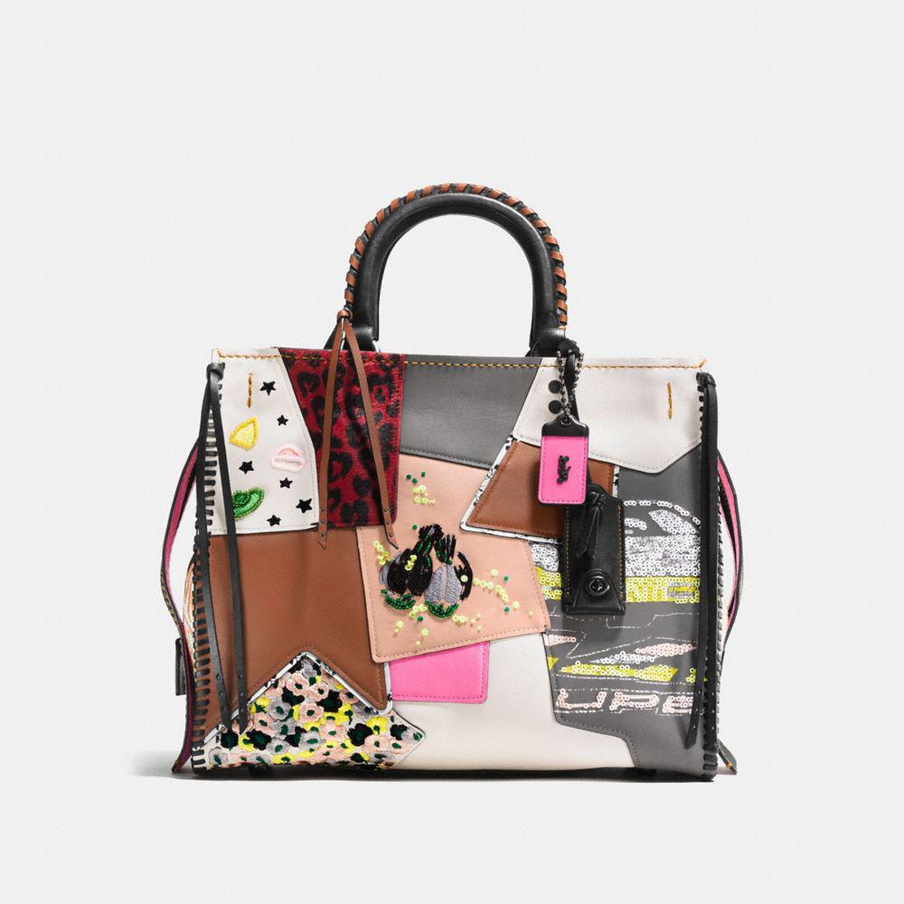 Coach Rogue 25 In Glovetanned Pebble Leather With Tea Roses In : Black  Copper/black Pink