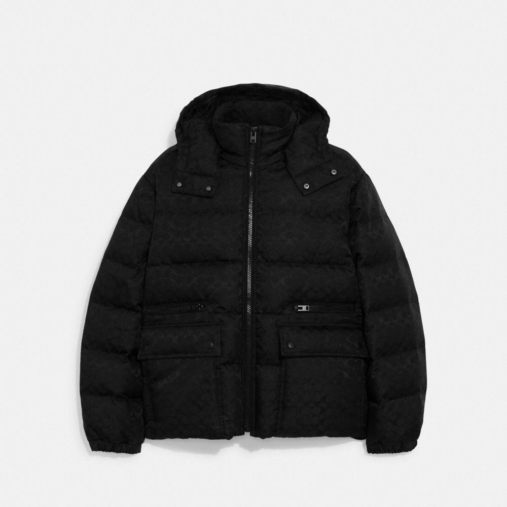 COACH Signature Hooded Puffer Jacket In Recycled Polyester in Black for