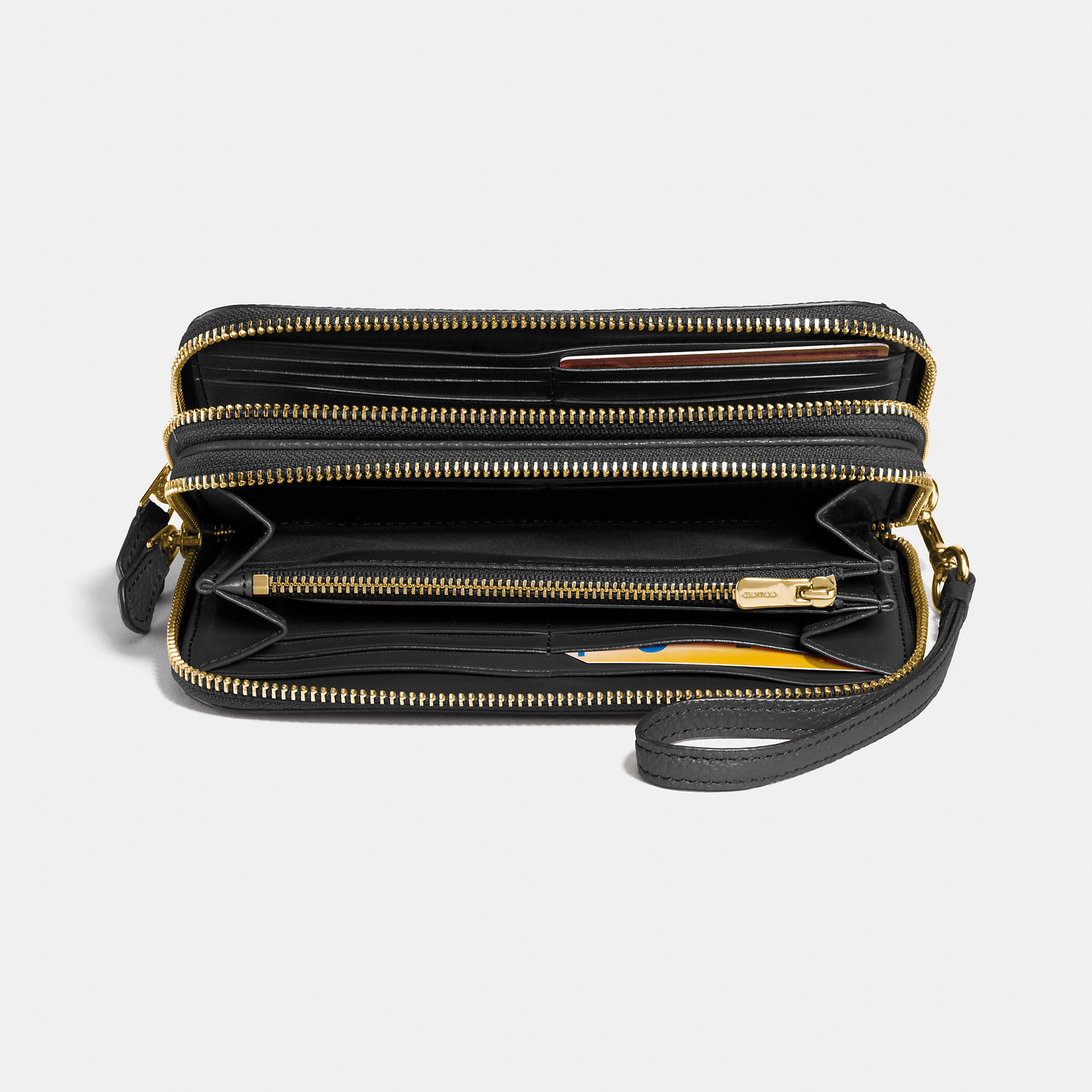 COACH Double Zip Wallet In Polished Pebble Leather in Black | Lyst