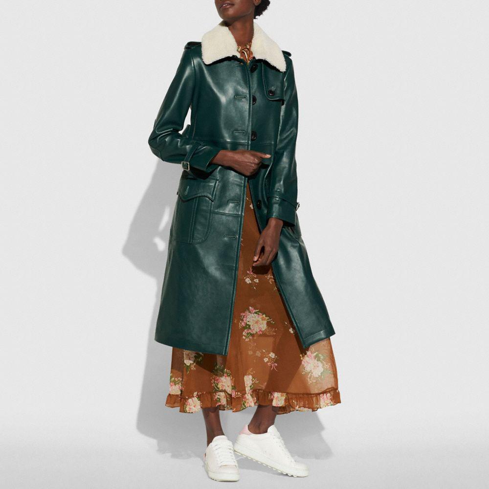 COACH Leather Trench Coat in Green | Lyst