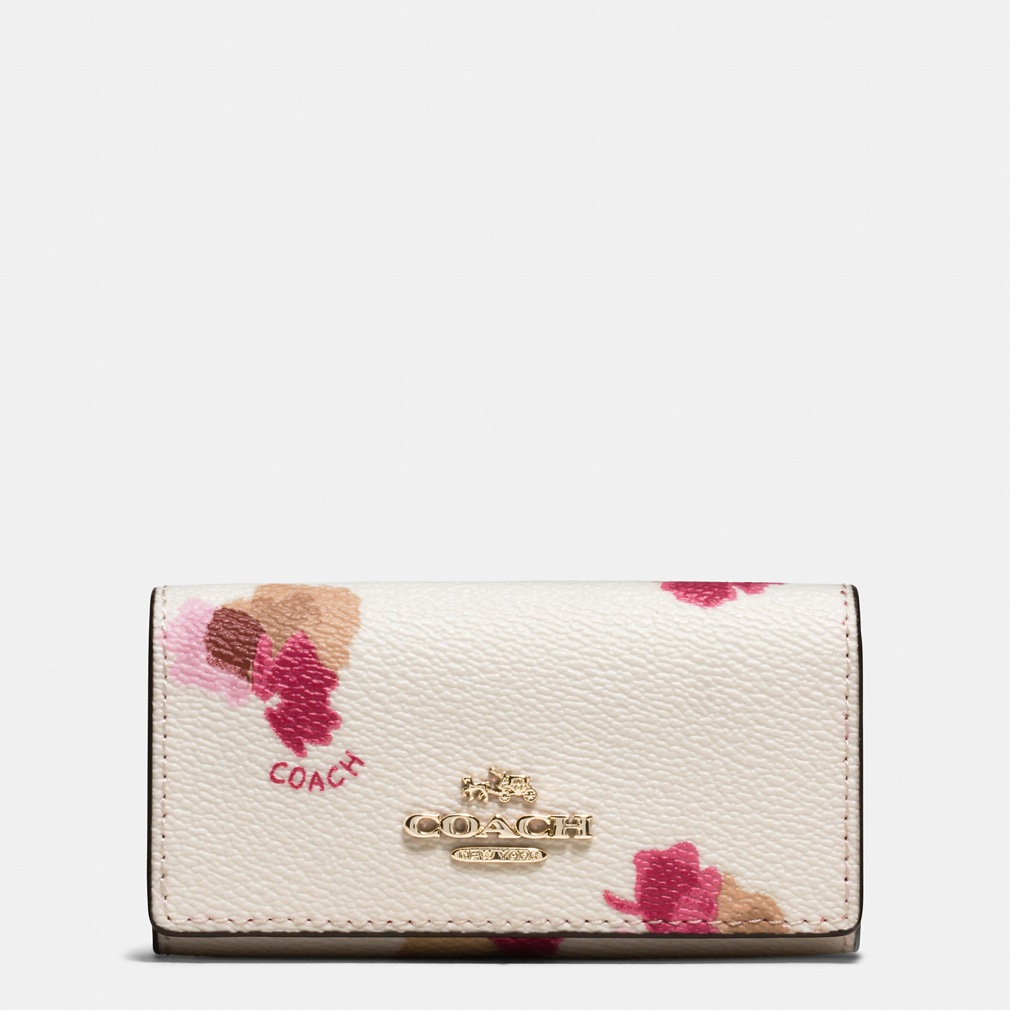 COACH 6 Ring Key Case In Floral Print Coated Canvas in White