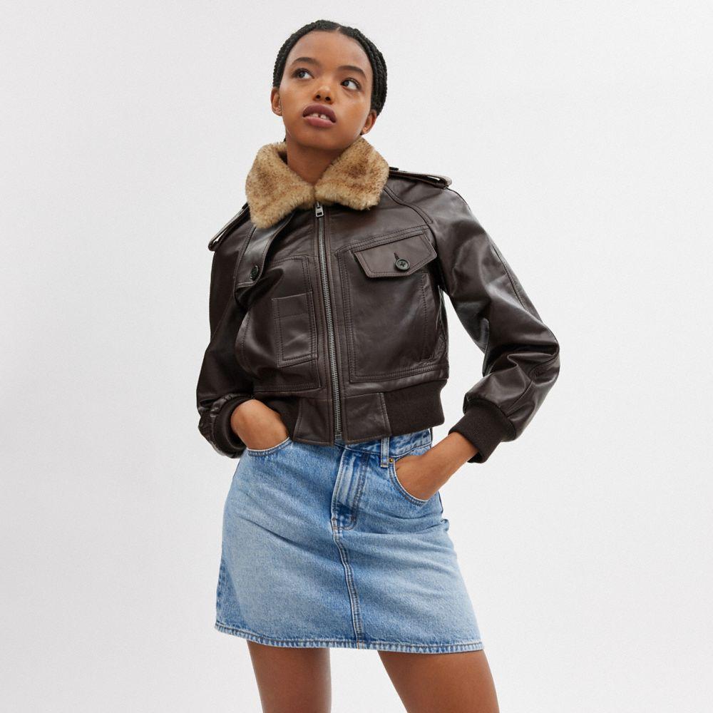 COACH Cropped Leather Jacket in Brown | Lyst Canada