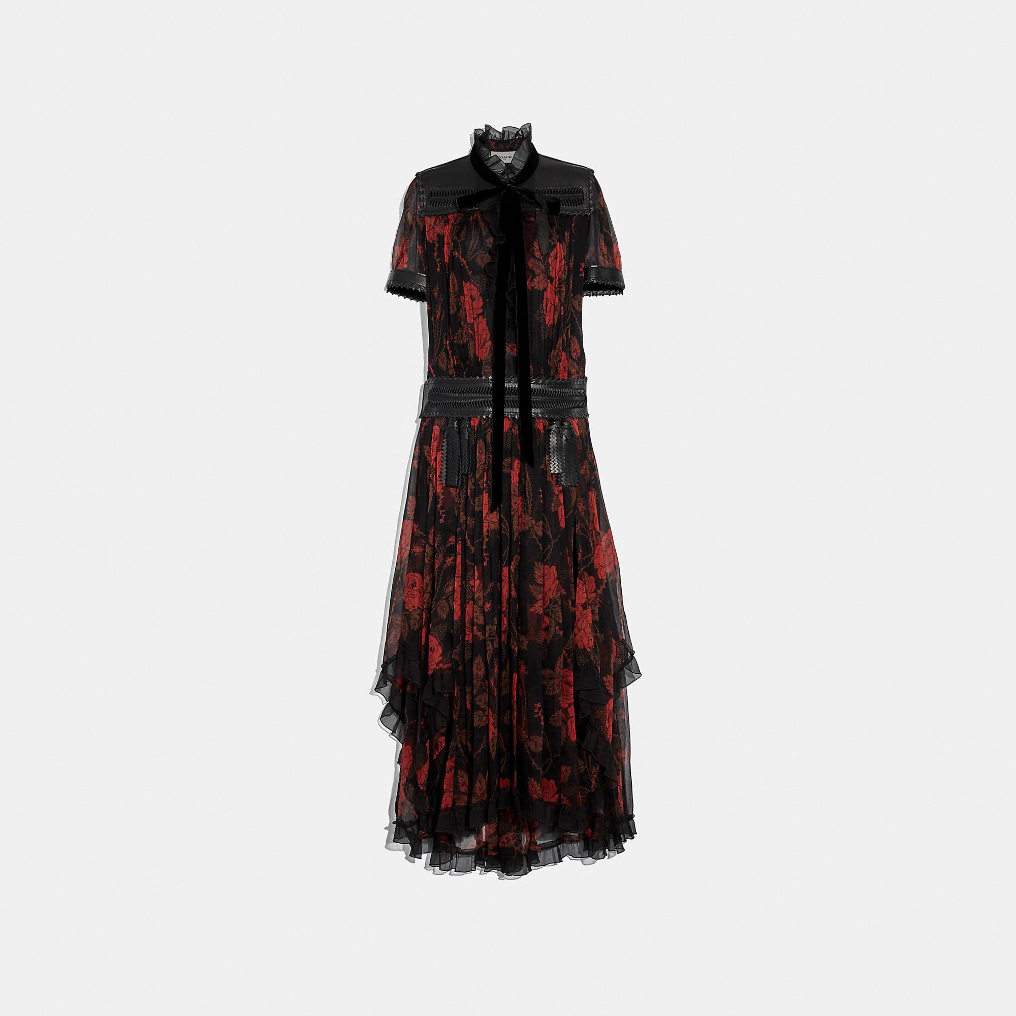 COACH Silk Rose Print Ruffle Dress in 