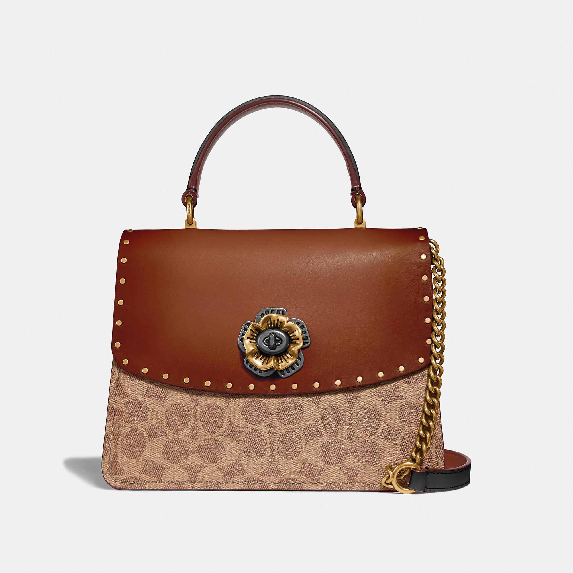 COACH Parker Top Handle Bag In Black Signature Coated Canvas With Border Rivets in Brass/Tan
