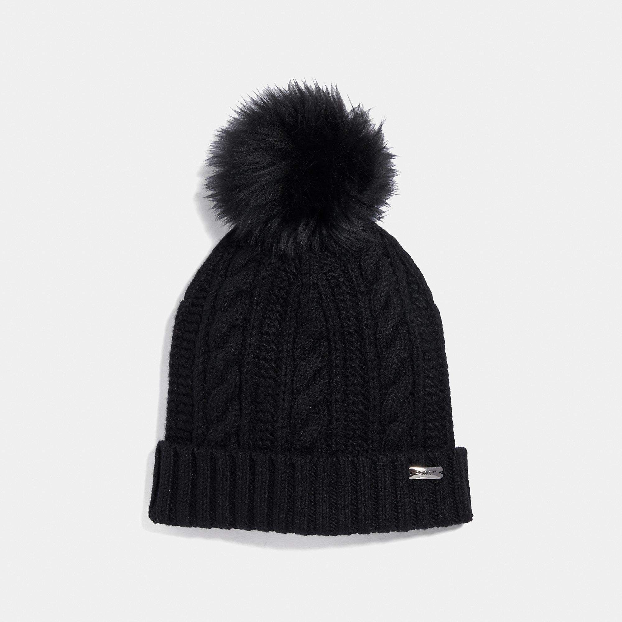 Coach Wool Knit Hat With Shearling Pom Pom In Black Lyst