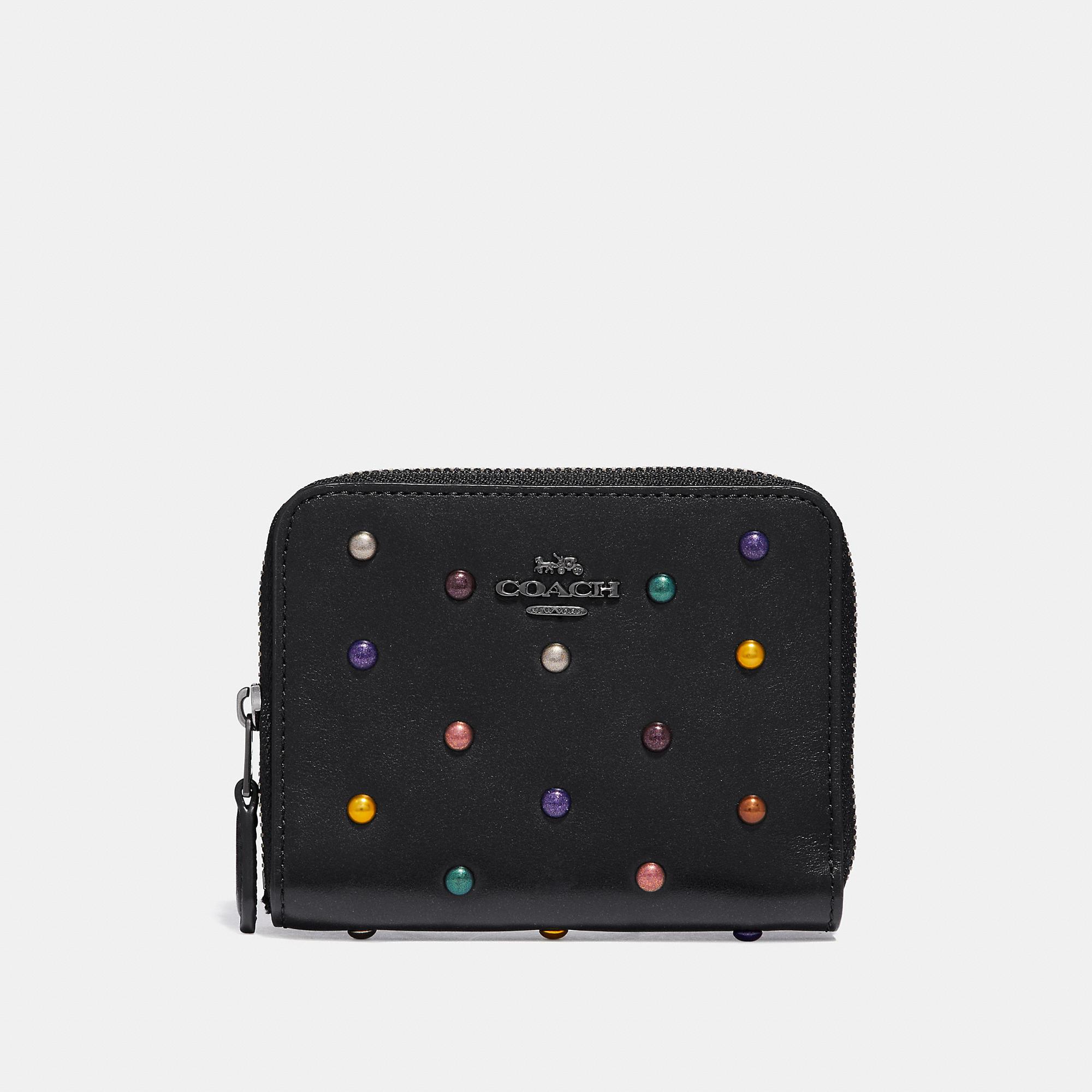 COACH Leather Rainbow Rivets Small Zip Around Wallet in Black - Lyst