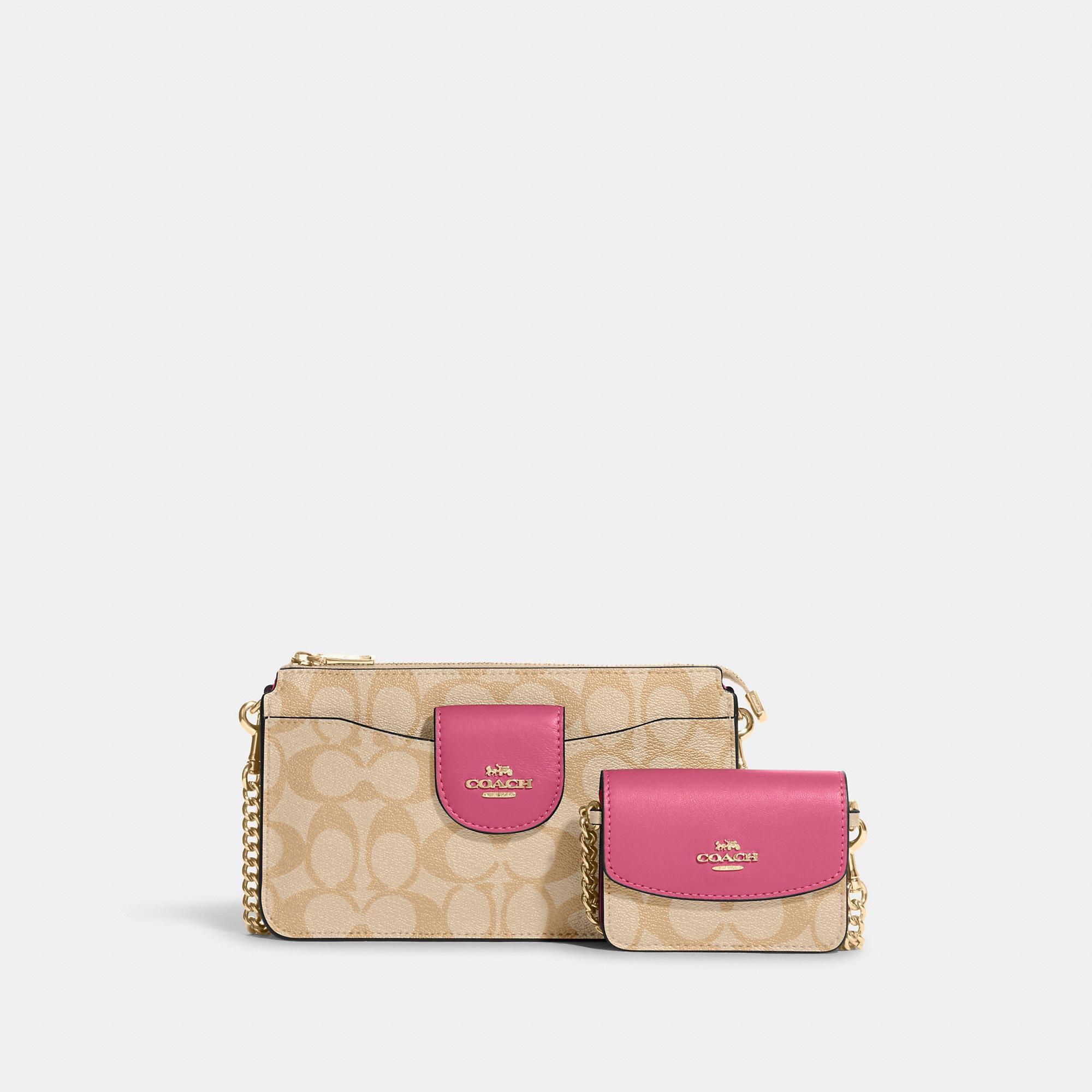 Coach Beige/Pink Signature Canvas and Leather Wristlet Pouch Coach