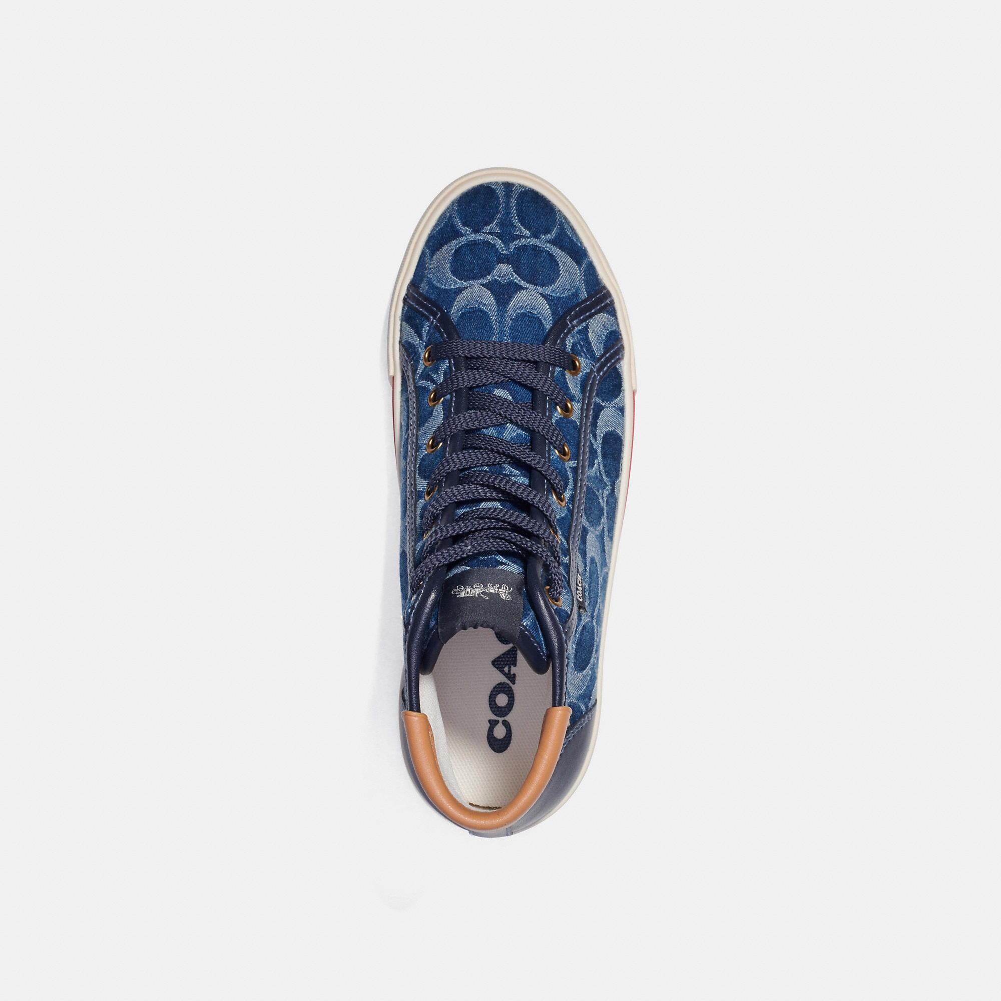Blue denim trainers with white flatform sole
