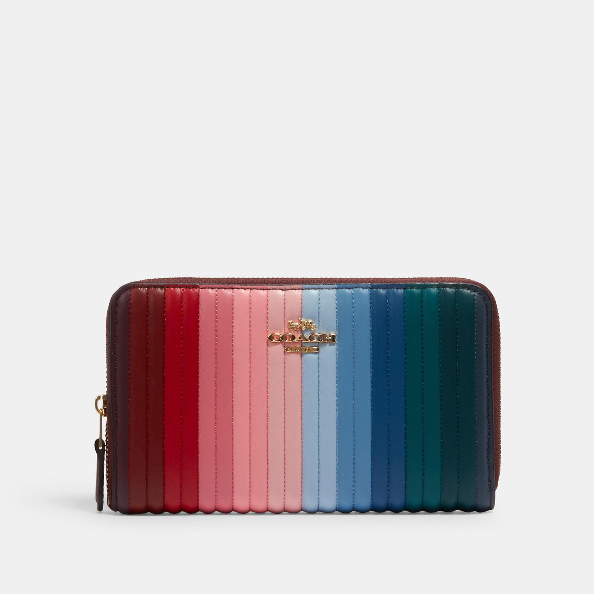 COACH Leather Medium Id Zip Wallet With Rainbow Linear Quilting in 