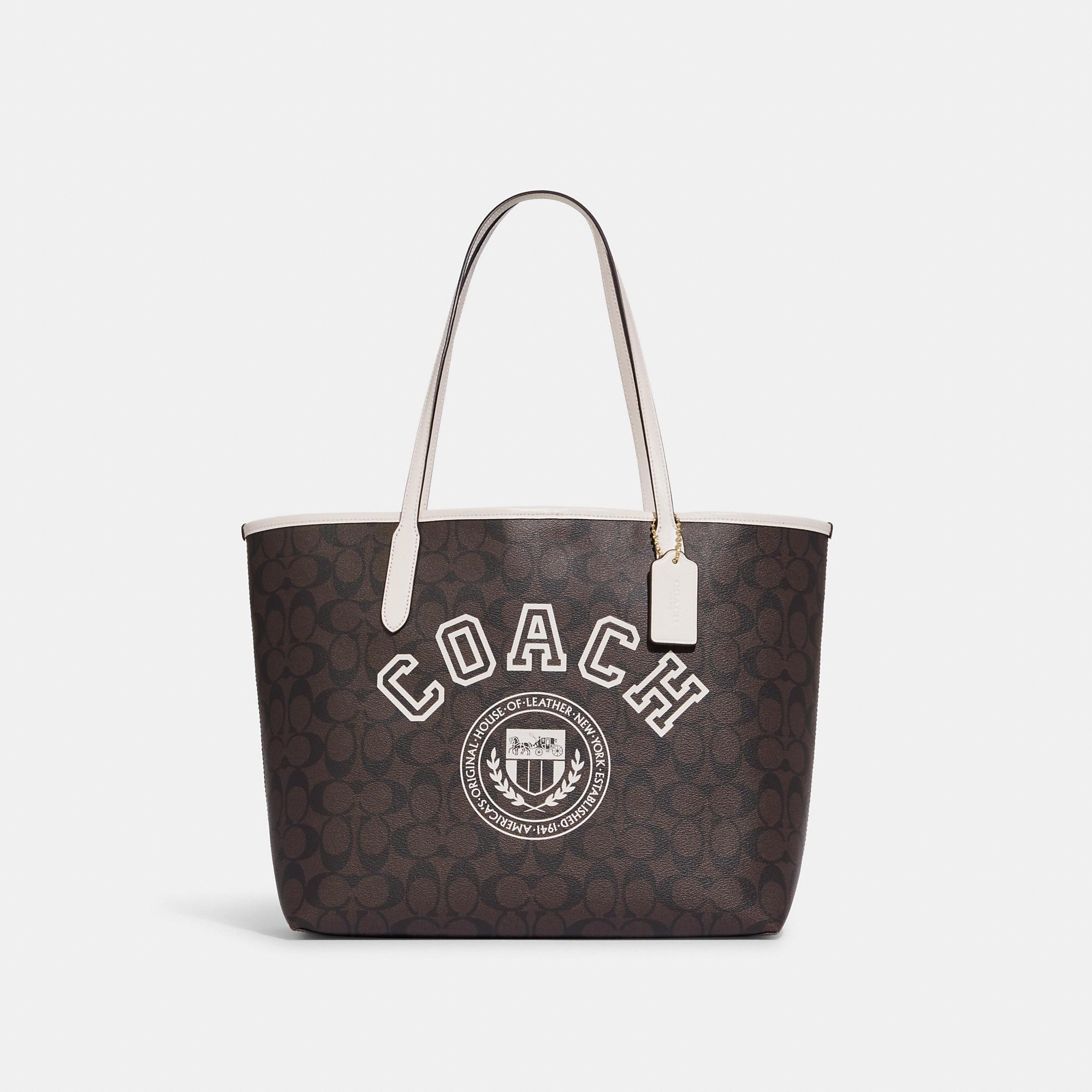 Coach Outlet City Tote In Signature Canvas With Varsity Motif in Black