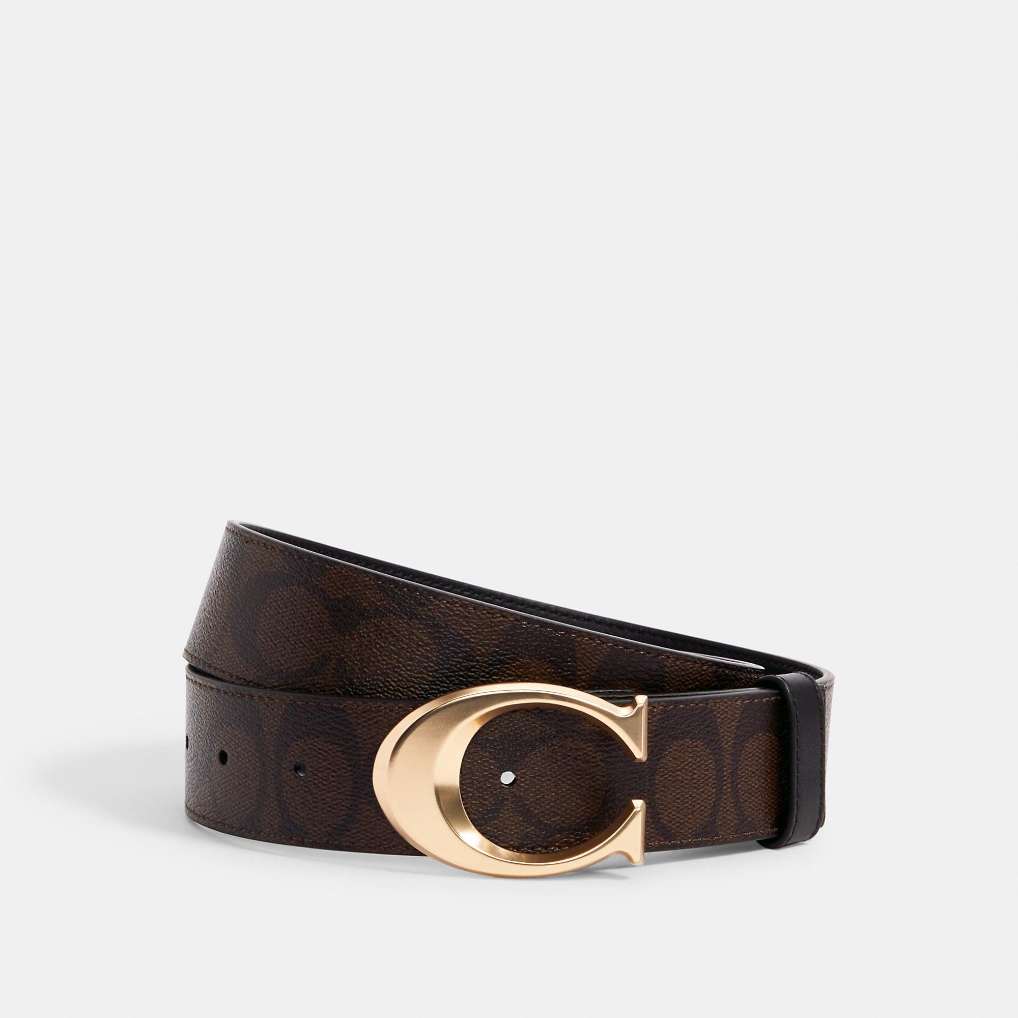 Coach Outlet Canvas Signature Buckle Belt, 38 Mm in Gold/Chestnut 