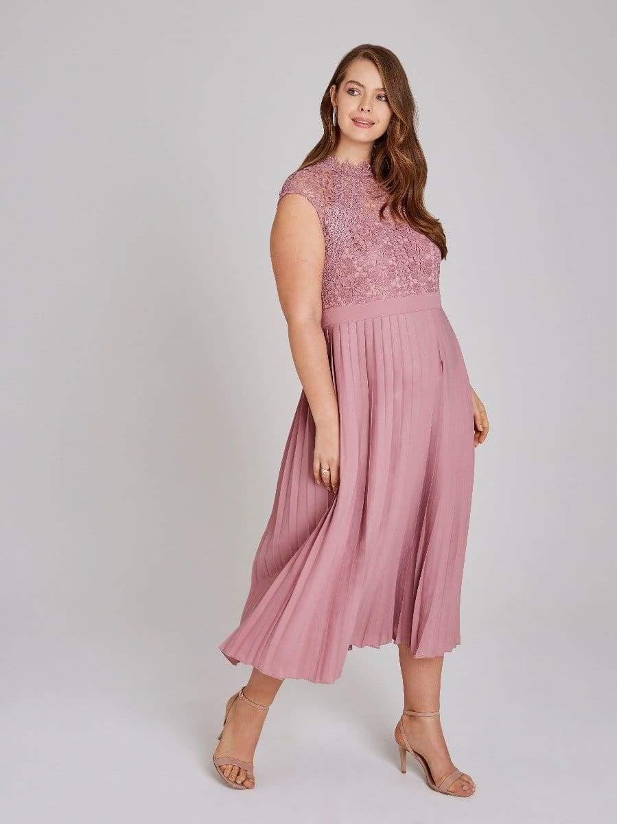 little mistress lace top midaxi dress with pleated skirt in blush