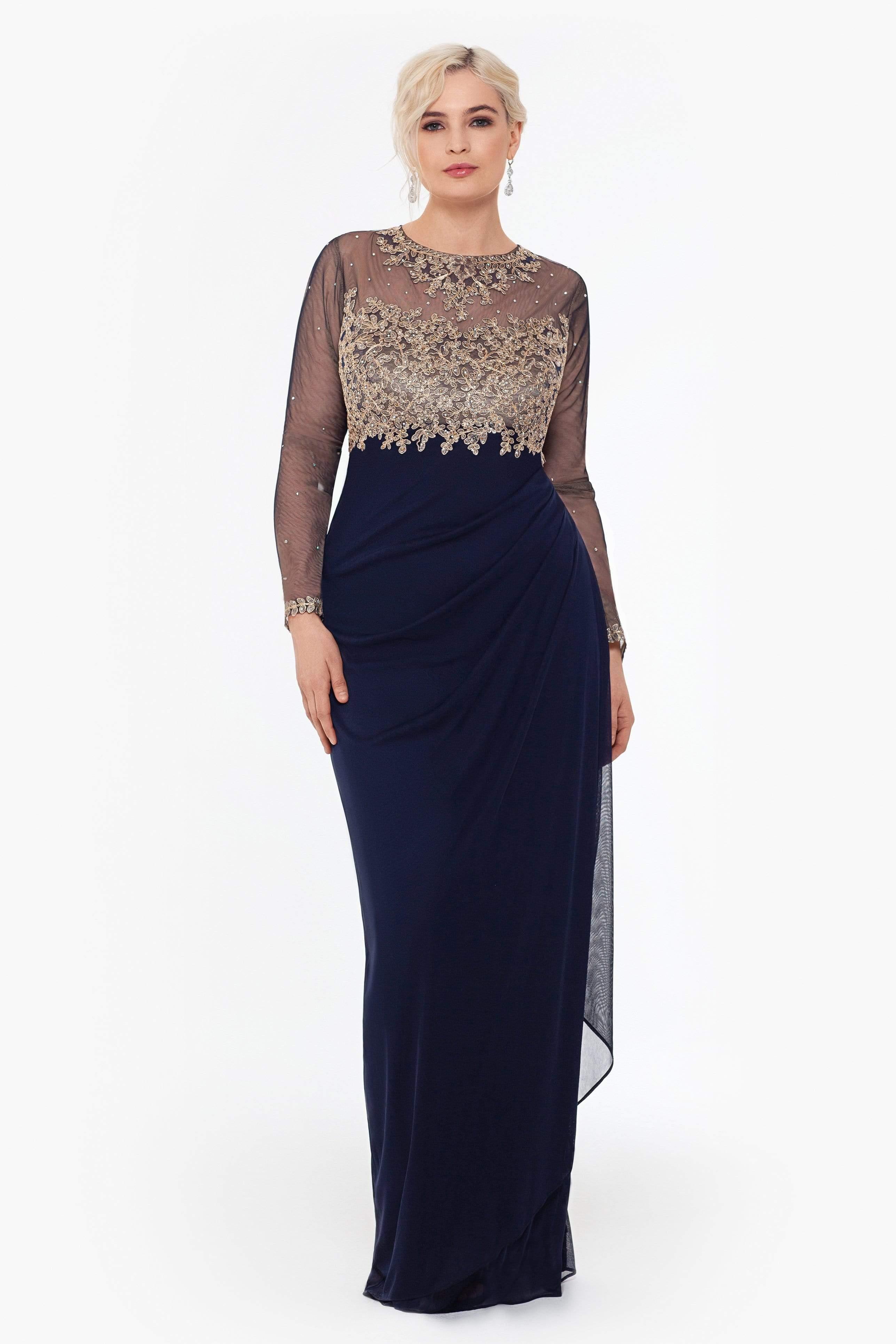 xscape long sleeve gold embroidered rouched gown