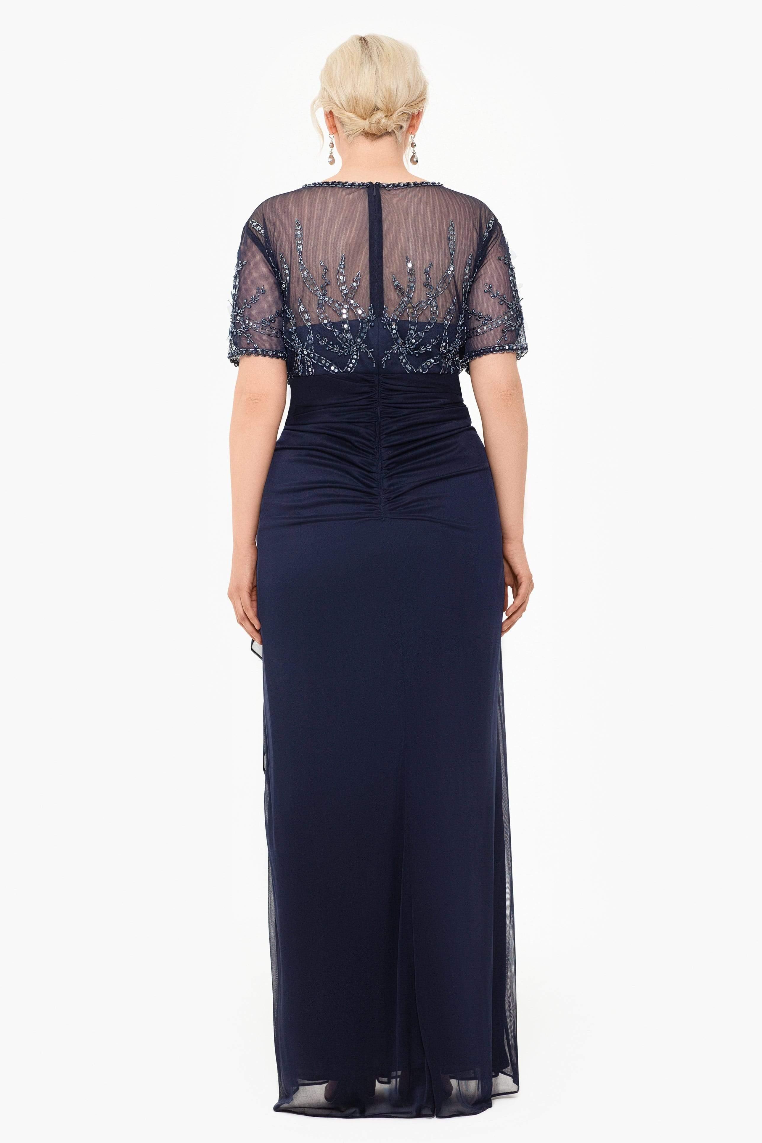 xscape ruched beaded gown