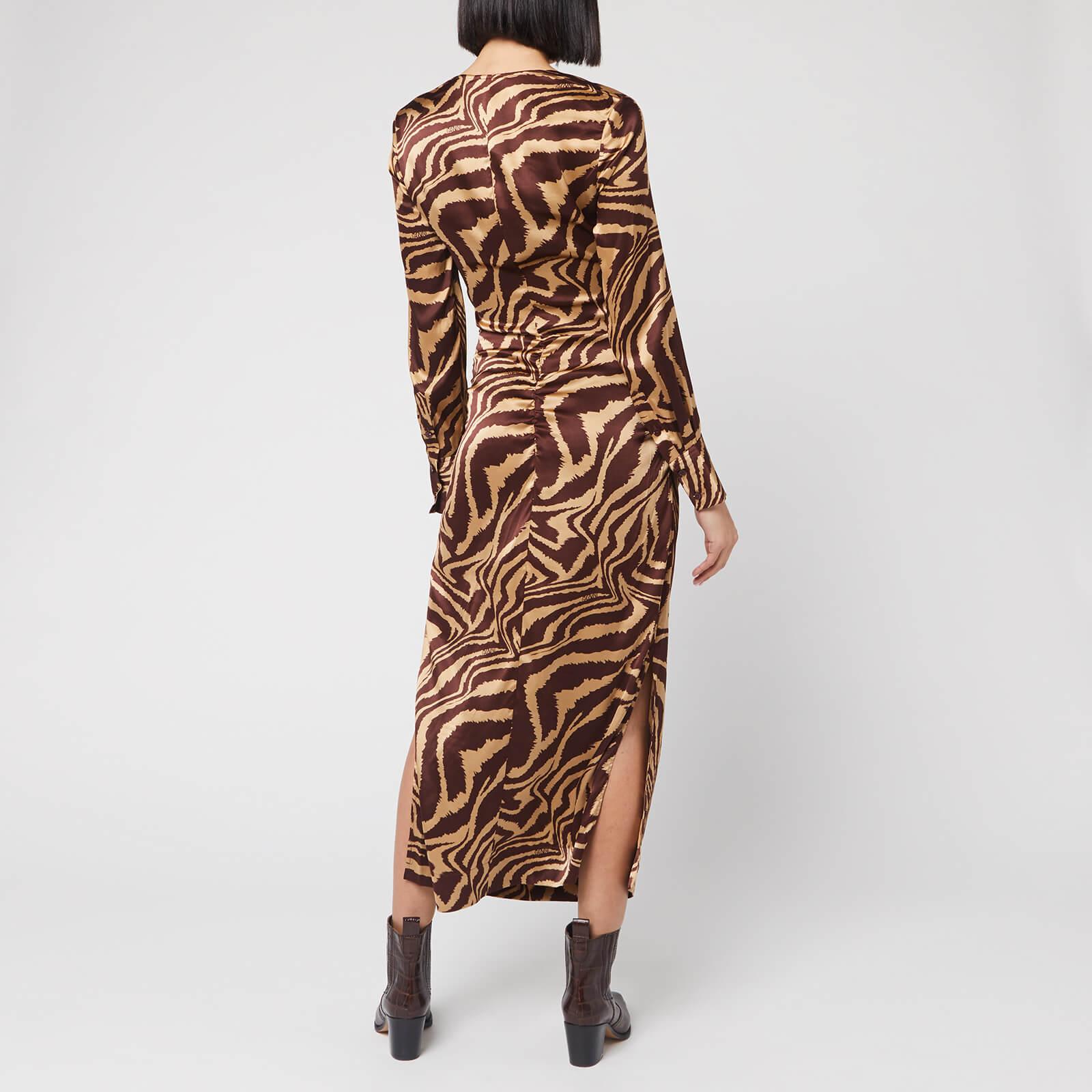 Ganni Ruche Silk Zebra Print Dress in Brown | Lyst