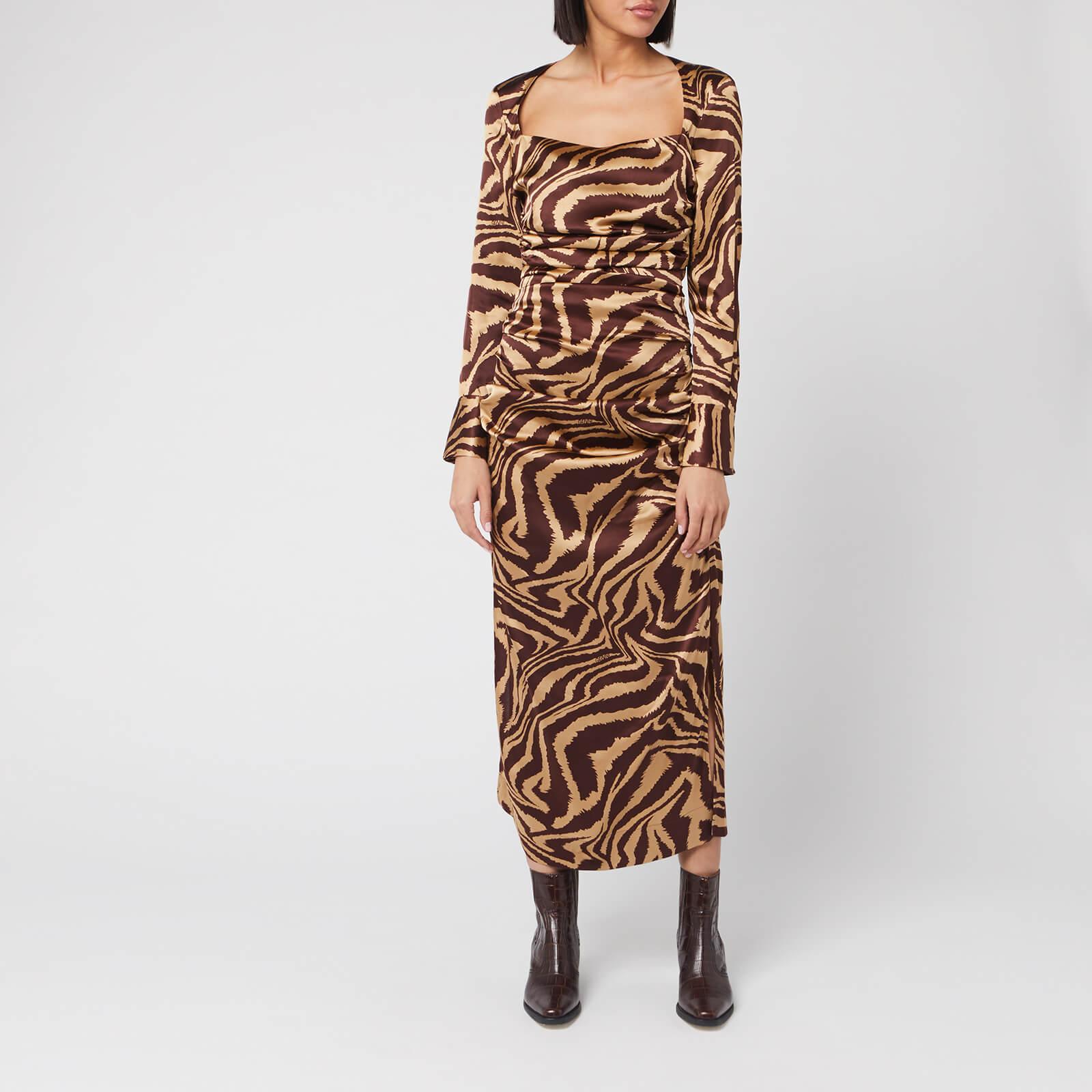 Ganni Ruche Silk Zebra Print Dress in Brown | Lyst