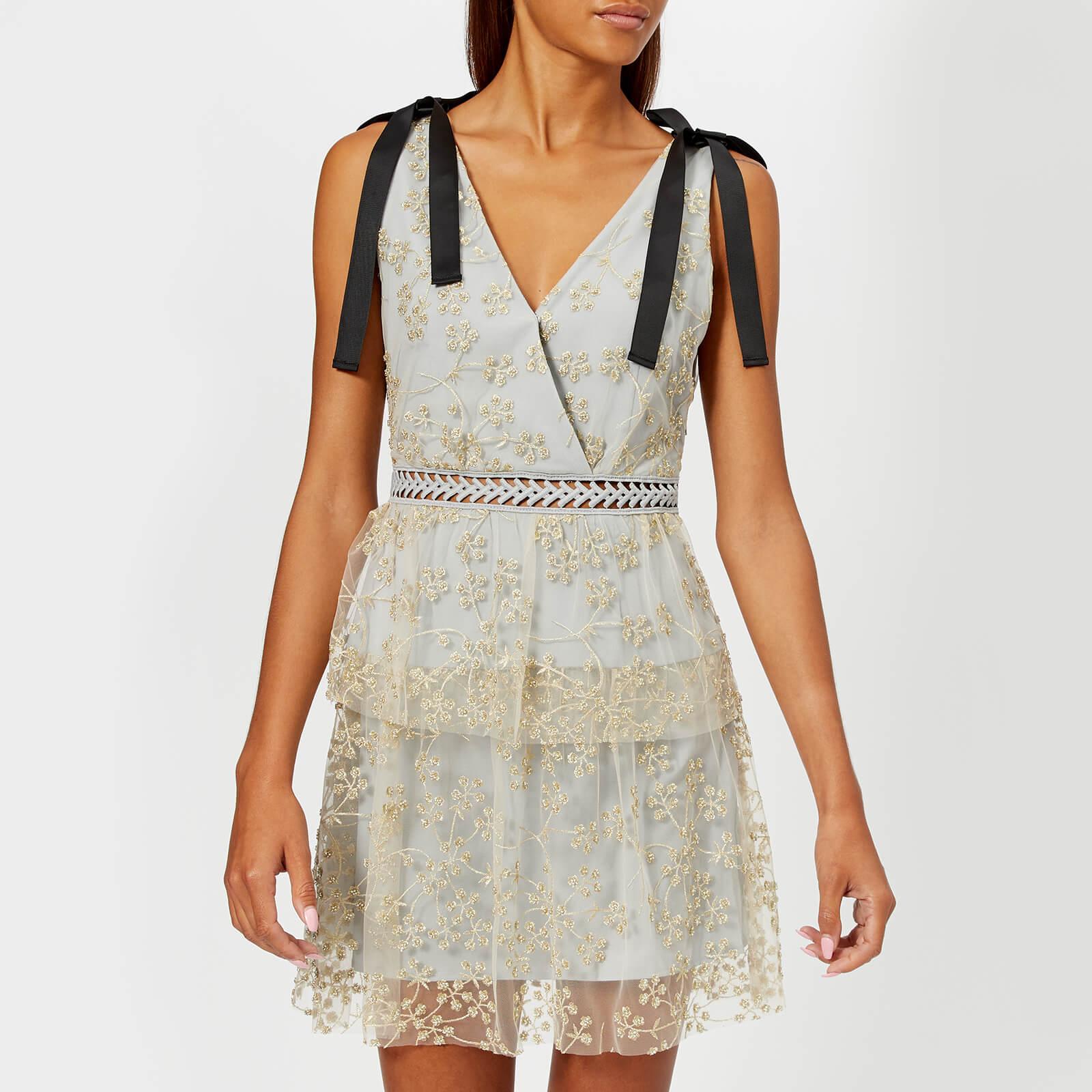 Self-Portrait Synthetic Tiered Floral Embroidered Mesh Mini Dress 