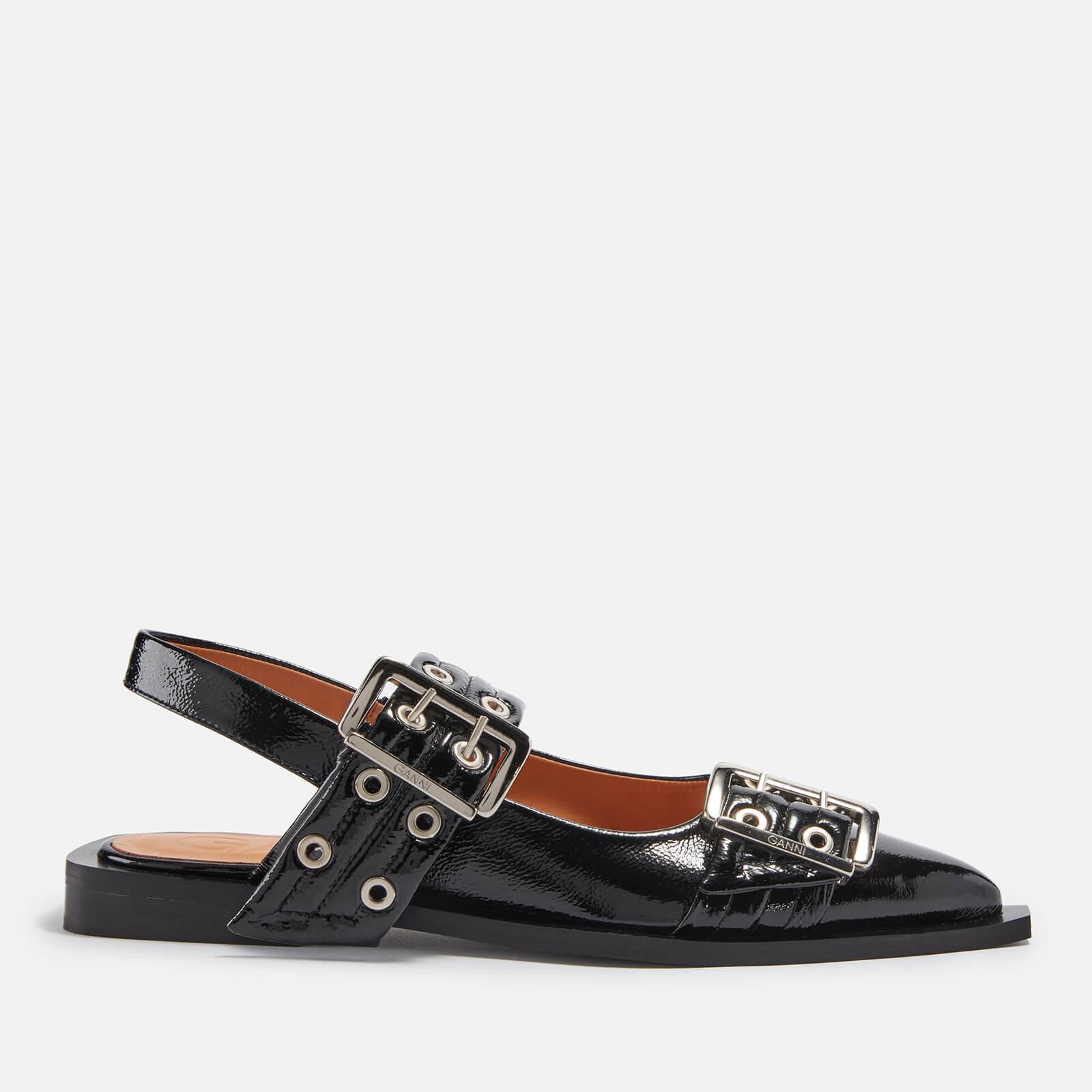 Ganni Buckle-detailed Patent-leather Point-toe Flats in Black | Lyst