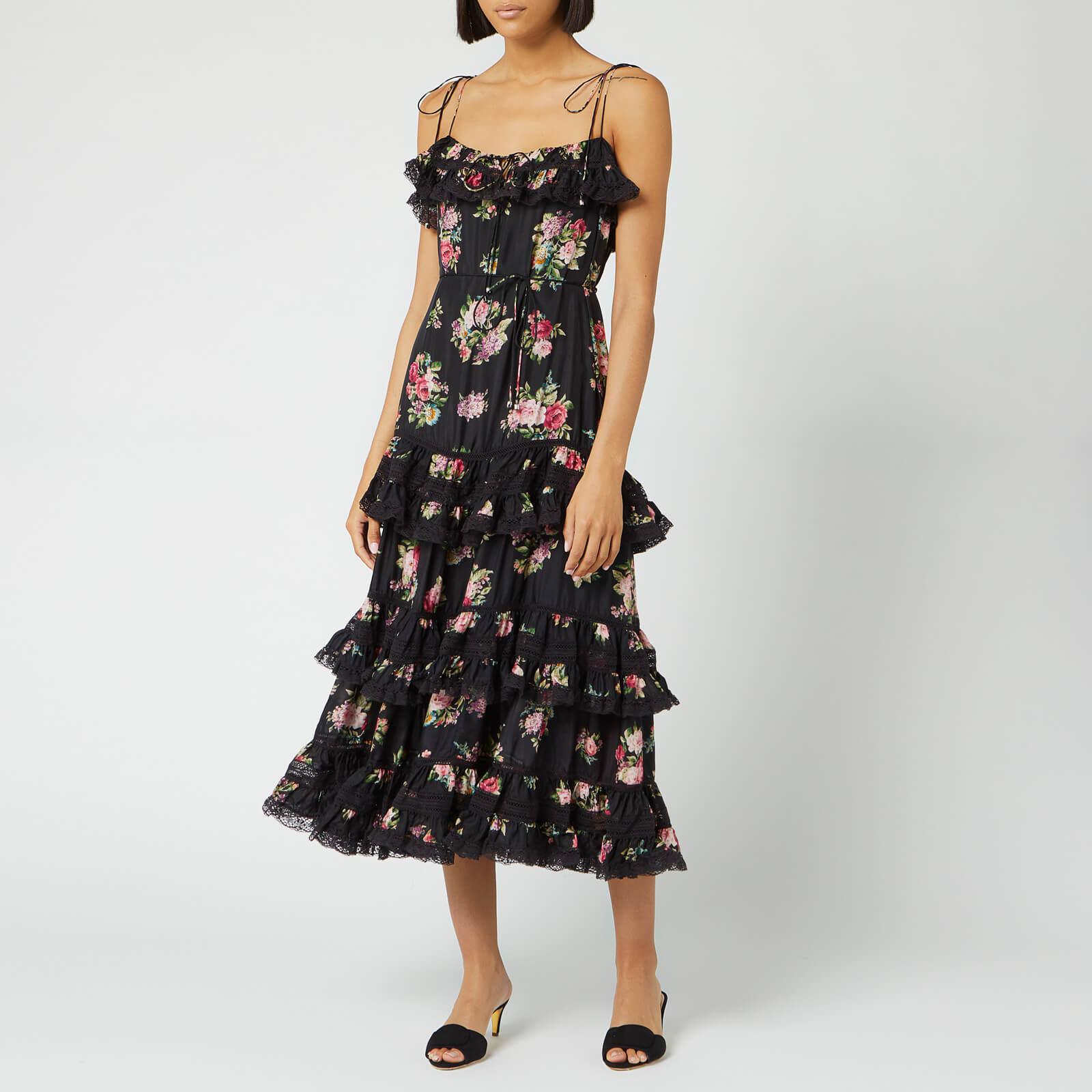 Zimmermann Silk Honour Floral Print Tiered Dress in Black
