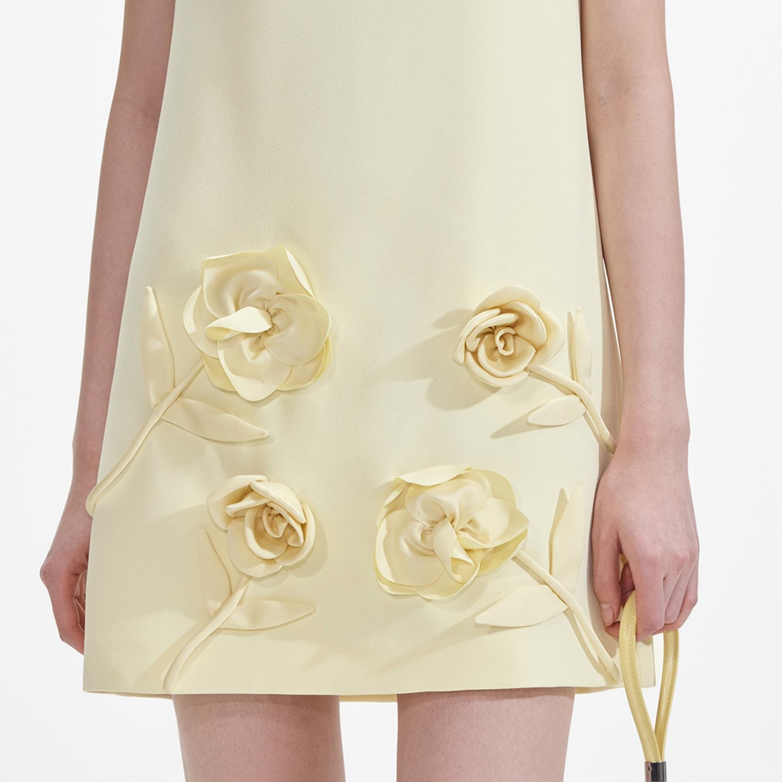Self-Portrait Floral-Appliqué Satin Mini Dress in Metallic