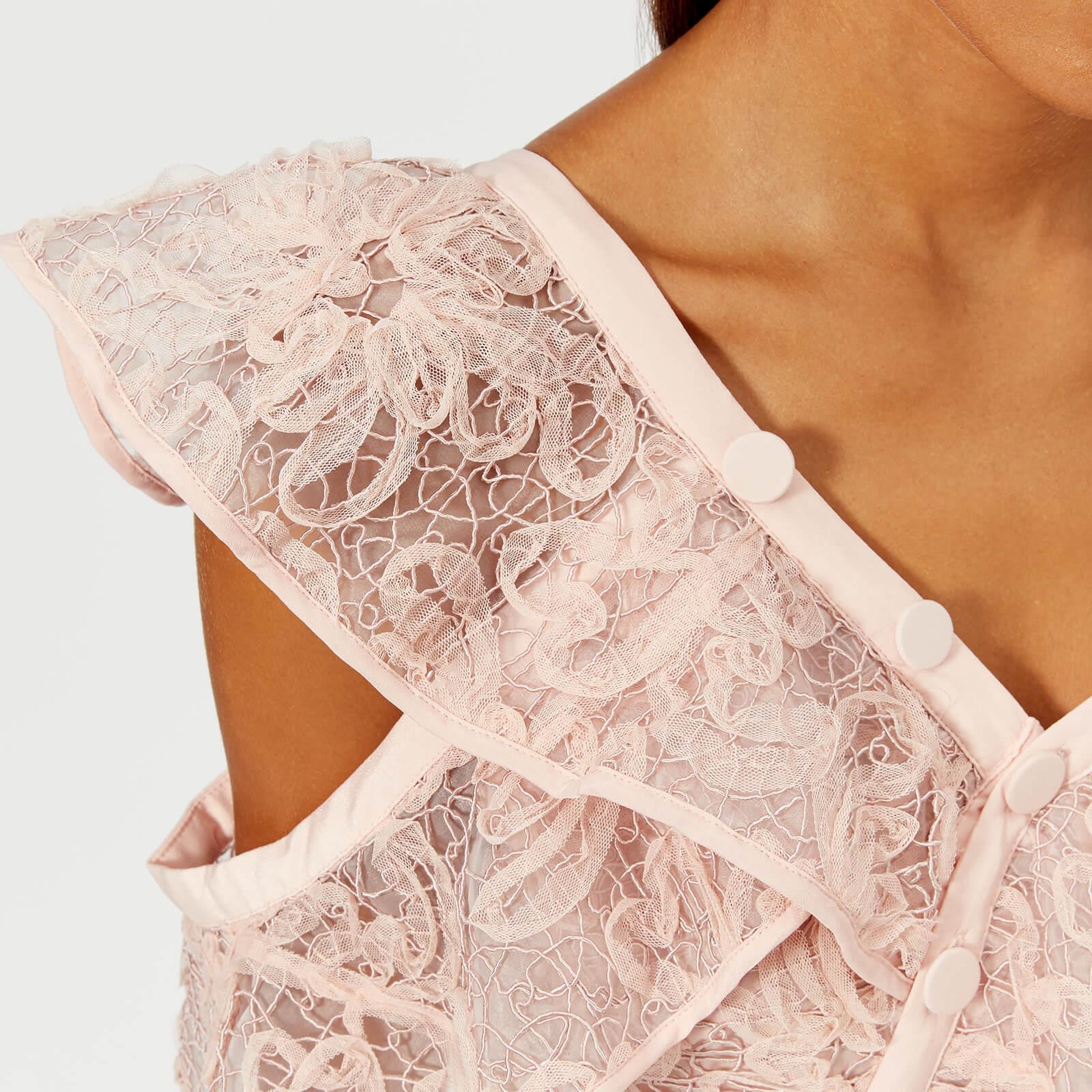 Self-Portrait Floral Mesh Lace Frill Midi Dress in Pink