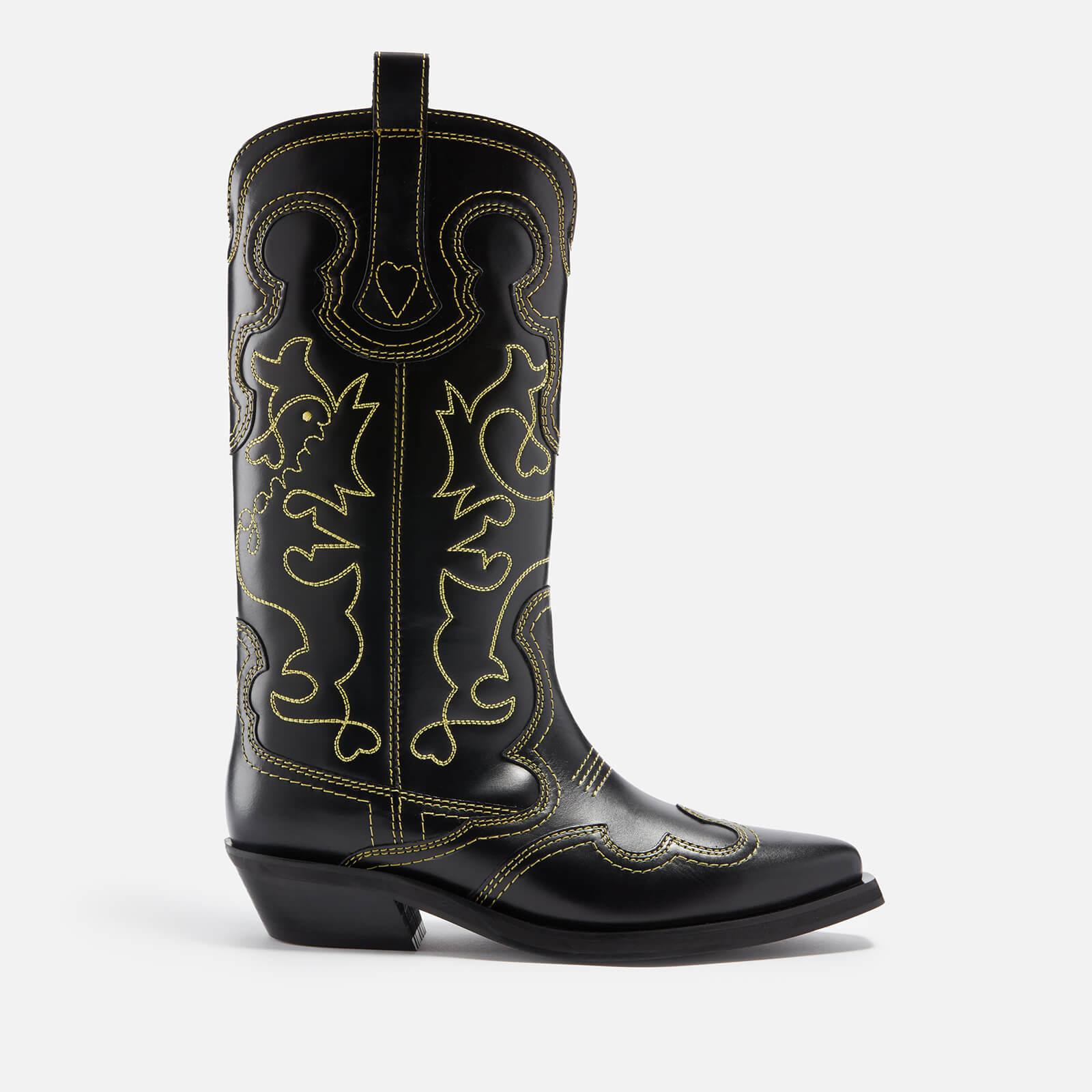 Ganni Embroidered Leather Western Boots in Black | Lyst UK