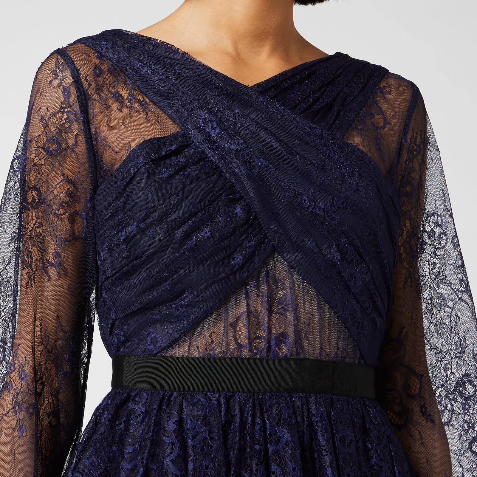 cross front fine lace midi dress