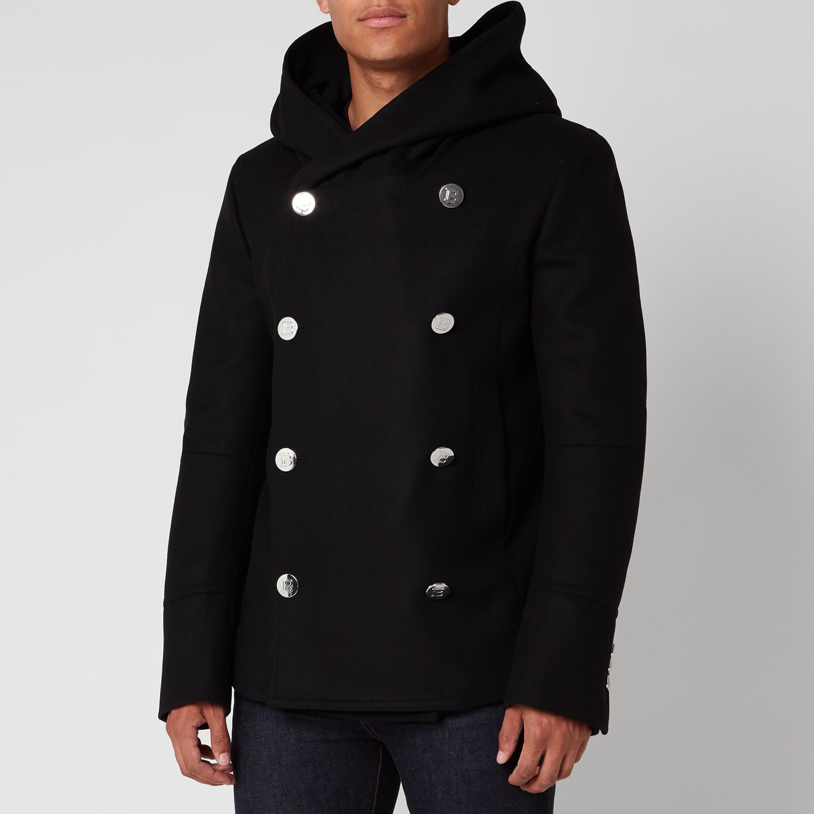 Balmain Hooded Wool Pea Coat in Black for Men - Lyst