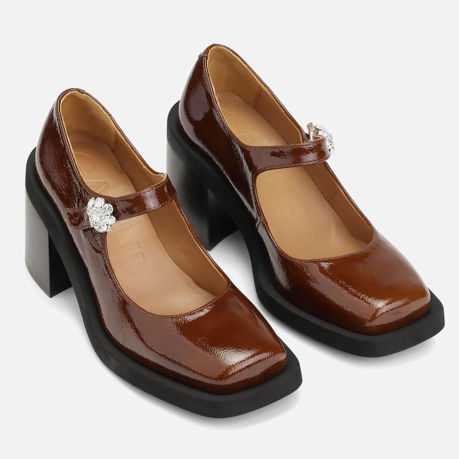 Ganni Square Toe Heeled Mary Jane Leather Shoes in Brown | Lyst