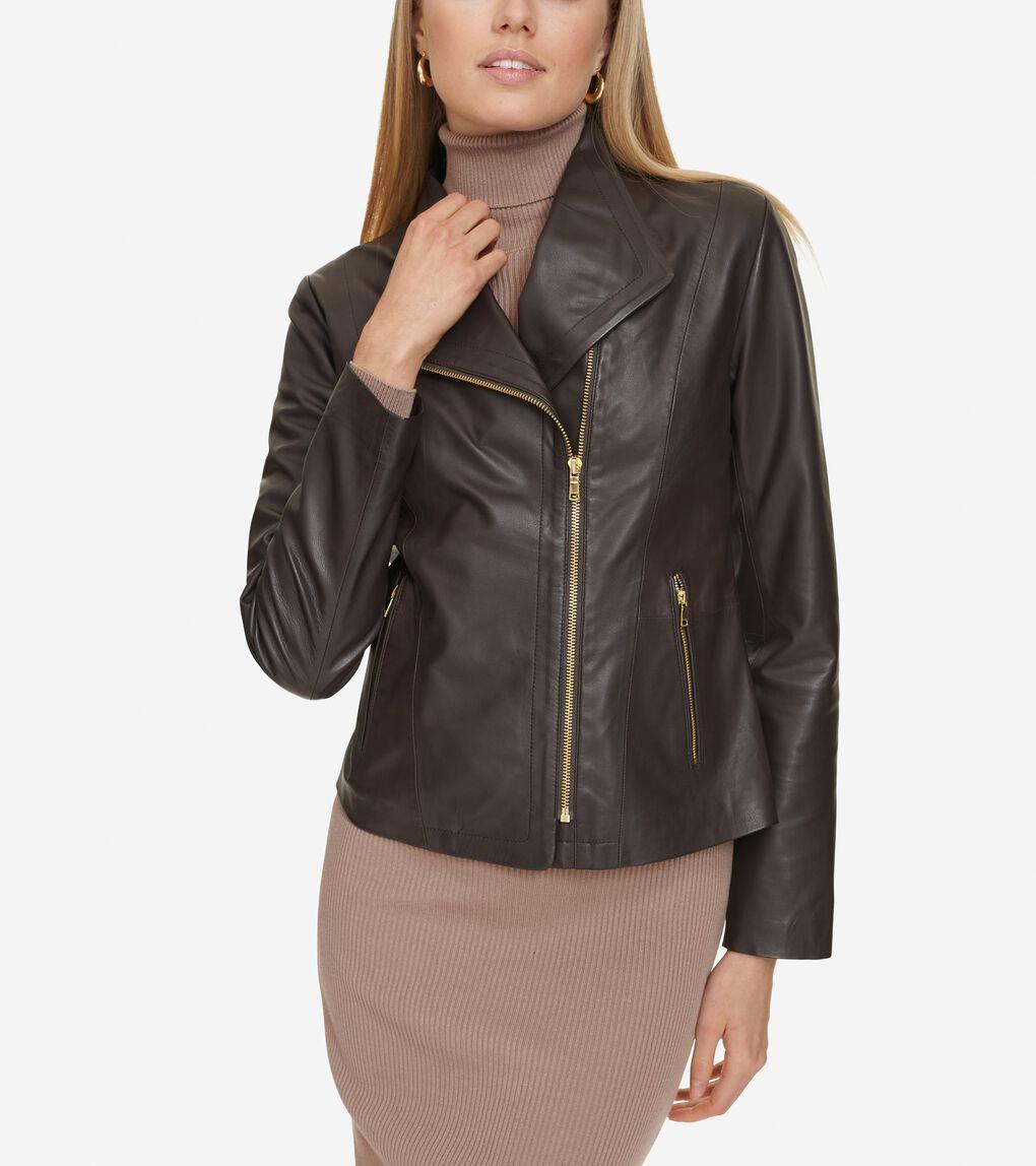 Cole Haan Moulded Collar Asymmetric Leather Jacket in Brown Lyst