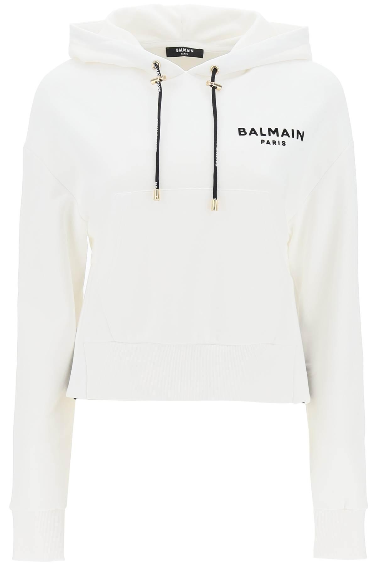 Ombord civile handle Balmain Cropped Sweatshirt With Flocked Logo Print in White | Lyst