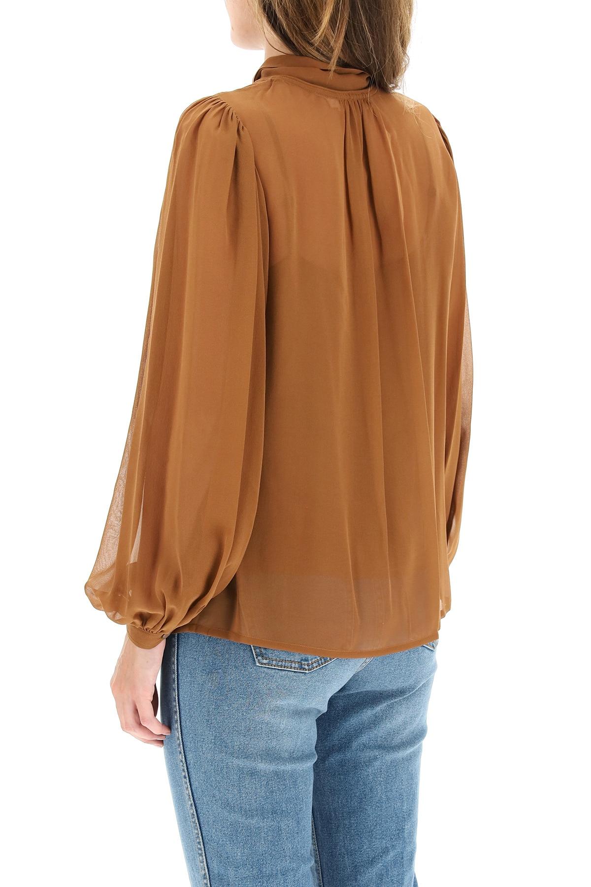 Tory Burch Women's Silk Chiffon Blouse with Bow - Brown - Blouses