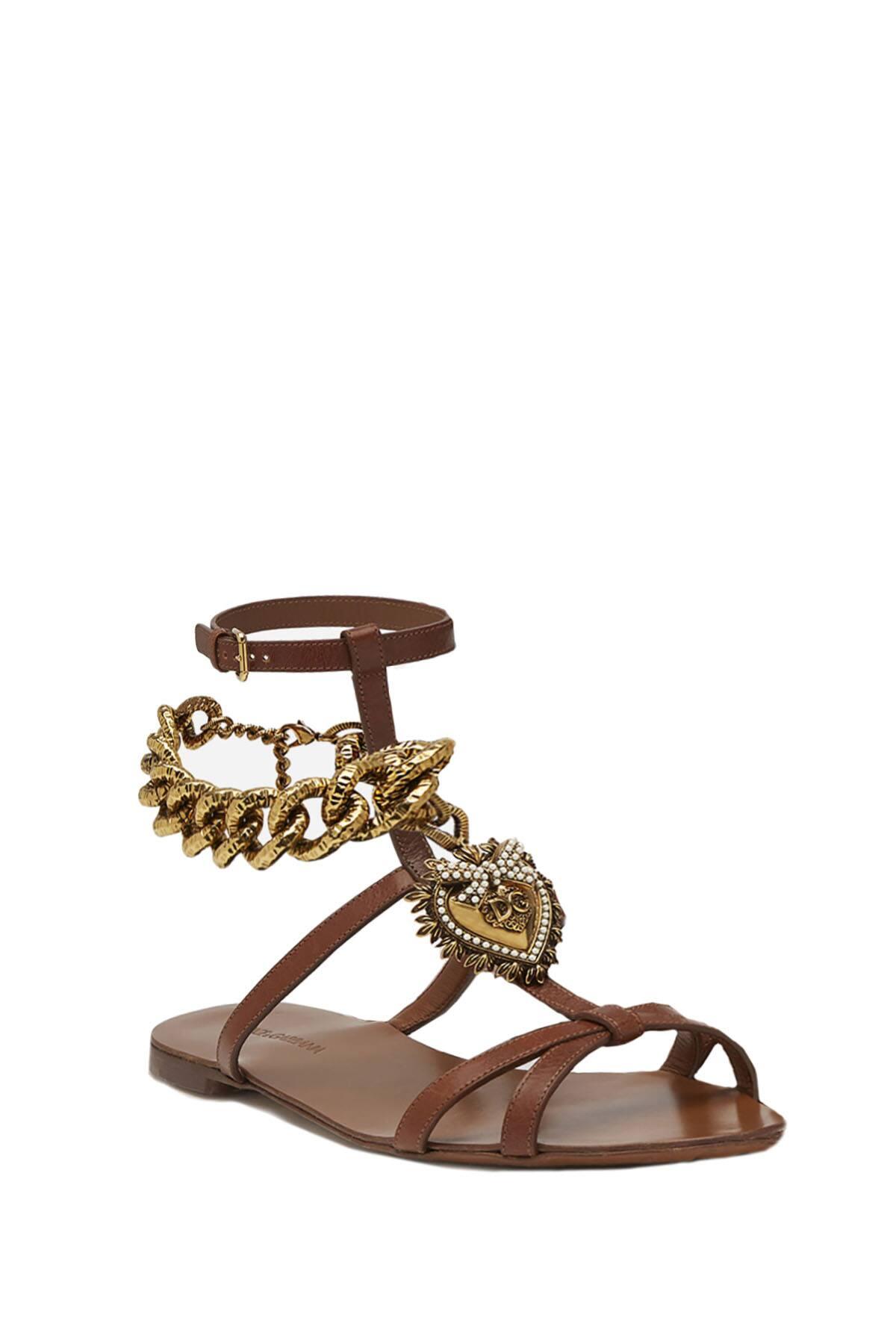 Dolce & Gabbana Devotion Heart And Chain Leather Sandals in Tan (Brown ...