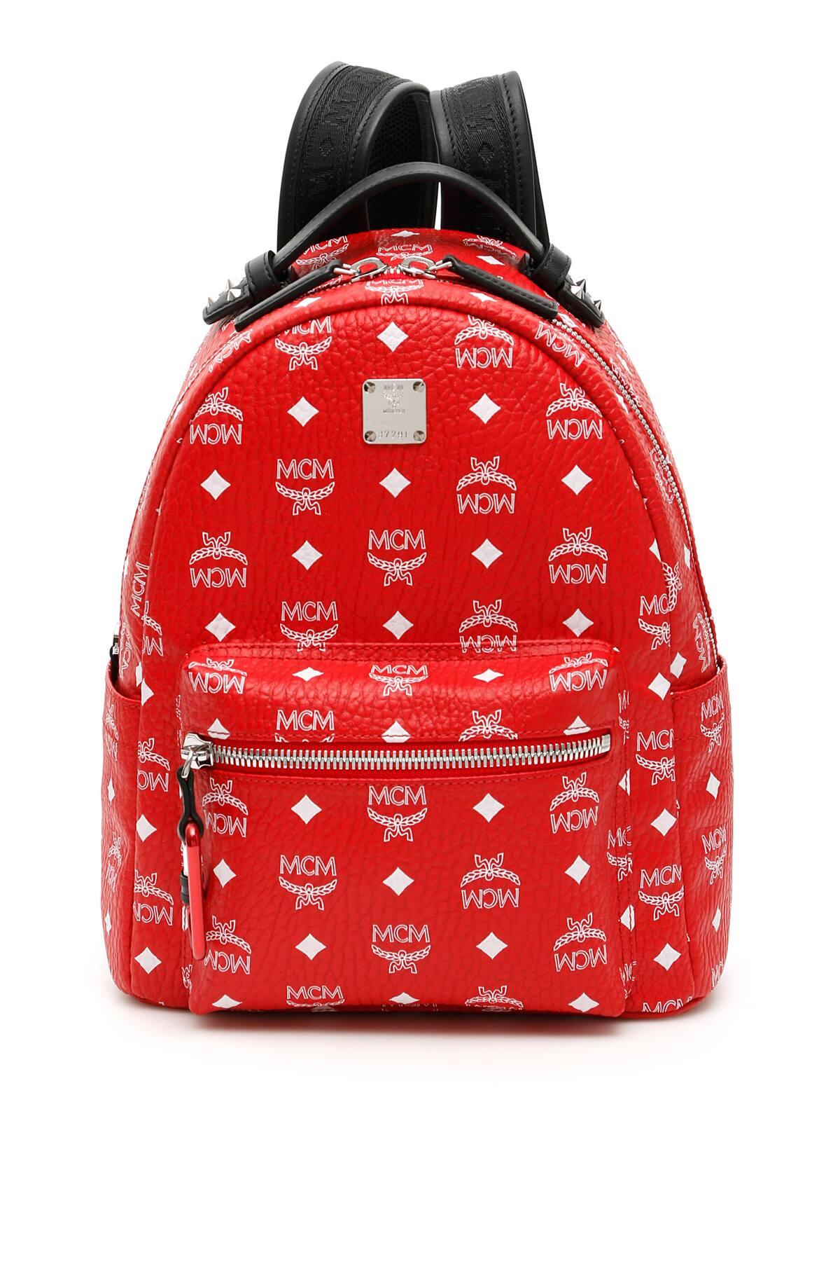 red and black mcm backpack