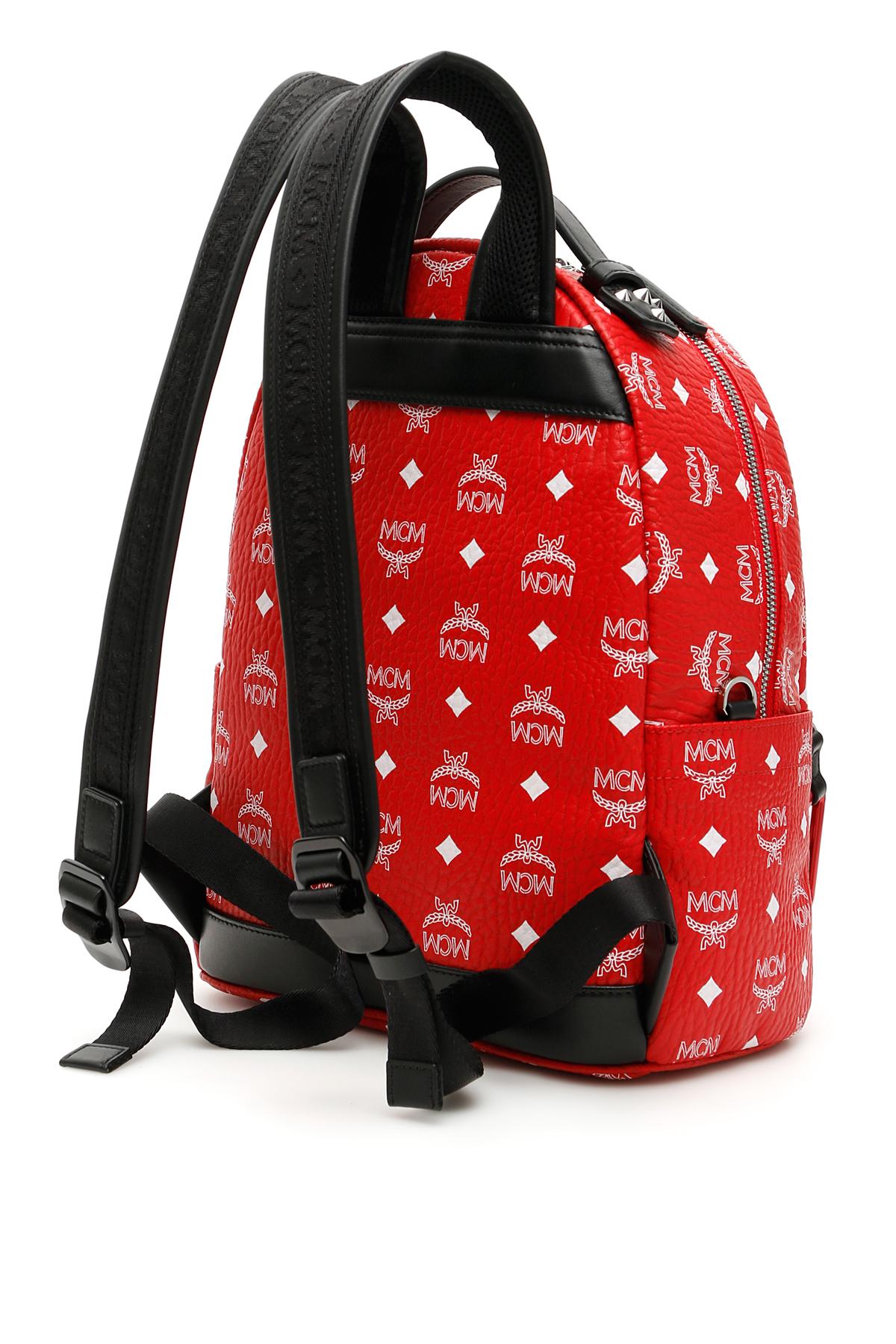 red and black mcm backpack
