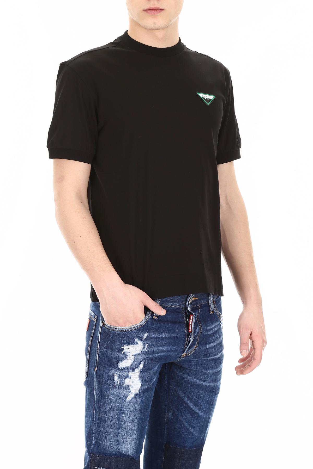 Prada Logo Triangle Cotton Tshirt in Black for Men Lyst