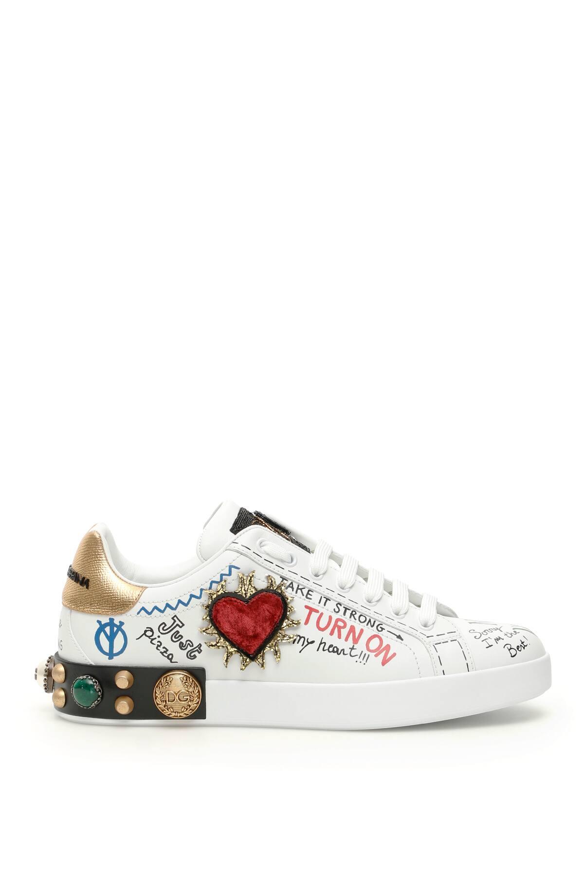 Dolce & Gabbana Leather Printed Calfskin Nappa Portofino Sneakers With  Patch And Embroidery in White for Men - Save 52% | Lyst