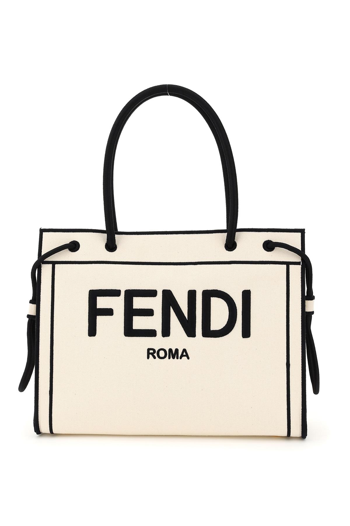 Fendi Canvas Tote Bag With Roma Embroidery in White,Black (Black 