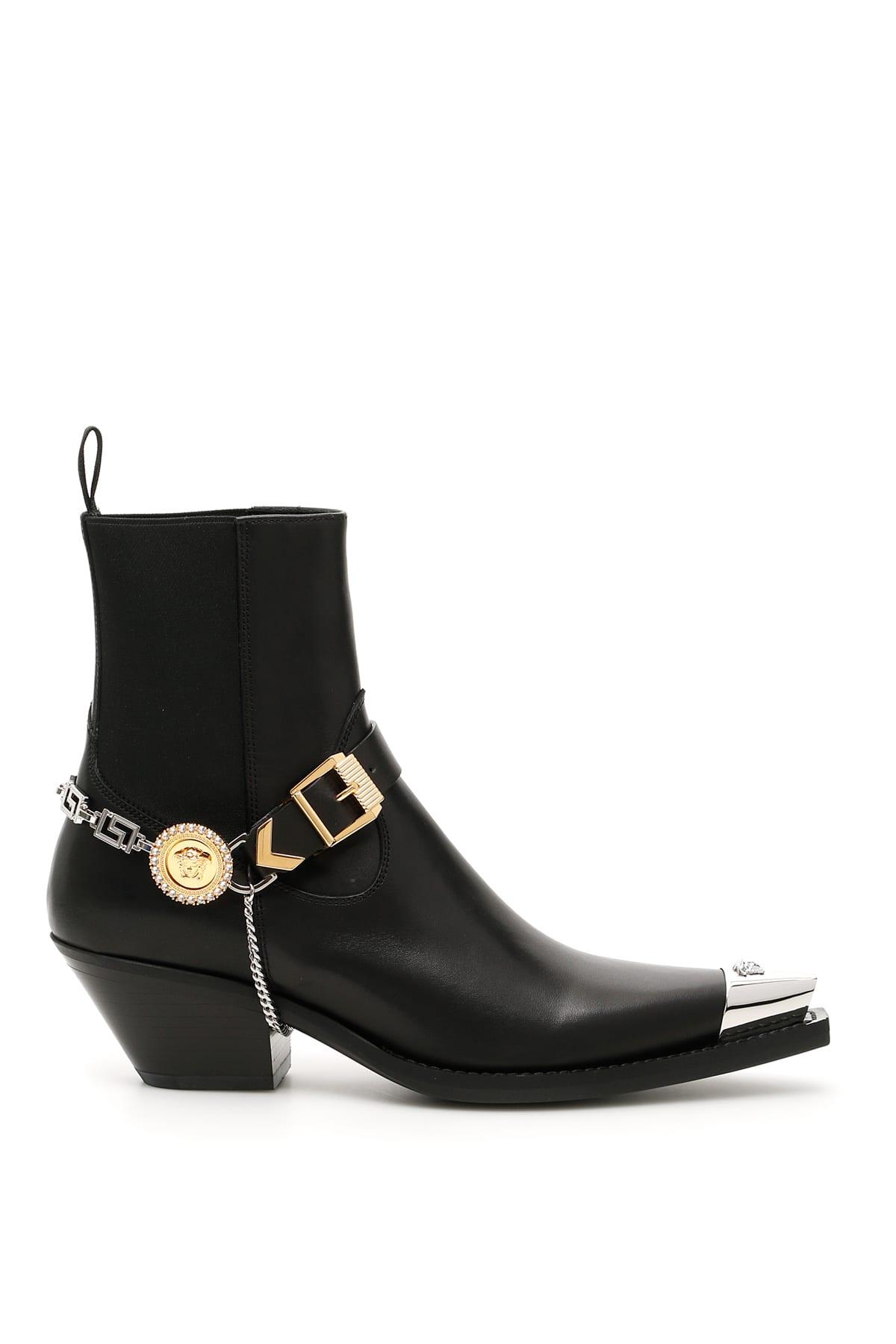 Versace Leather Medusa Chain Western Boots in Black - Lyst