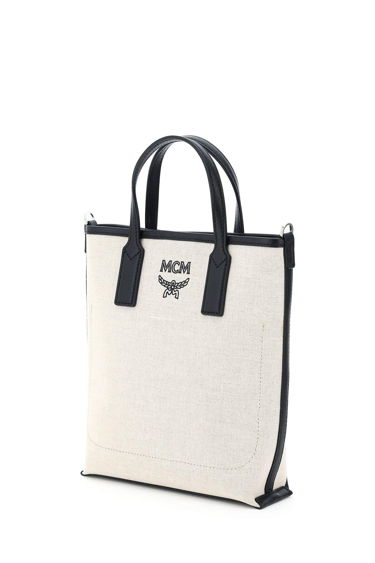 MCM Mini Canvas Tote Bag With Logo in Beige,Black (Black) | Lyst
