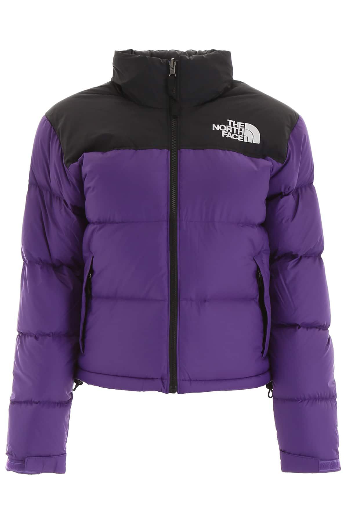 purple and black north face jacket 