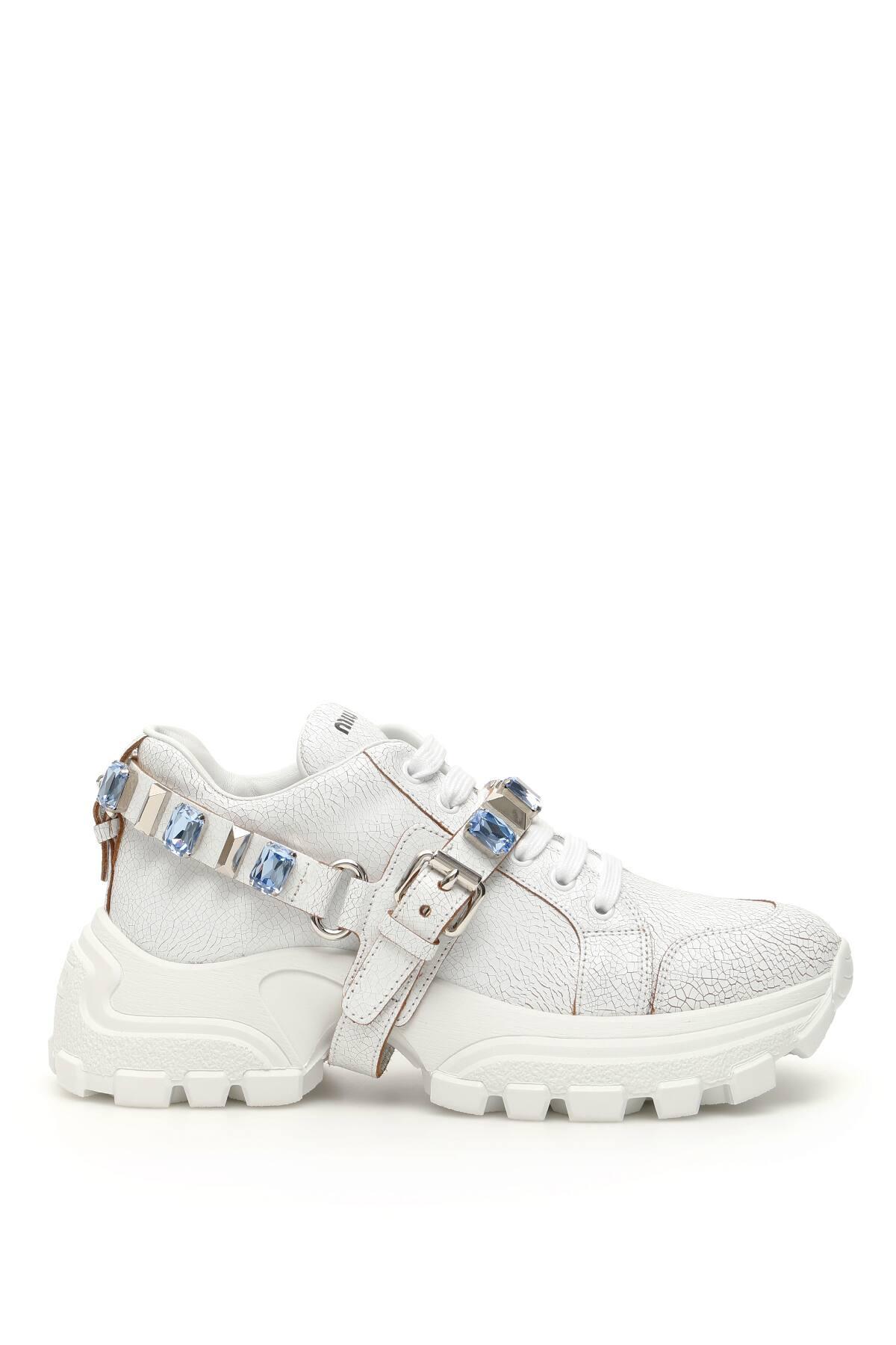 Miu Miu Leather Crackled Combat Sneakers in White,Light Blue (White) - Lyst