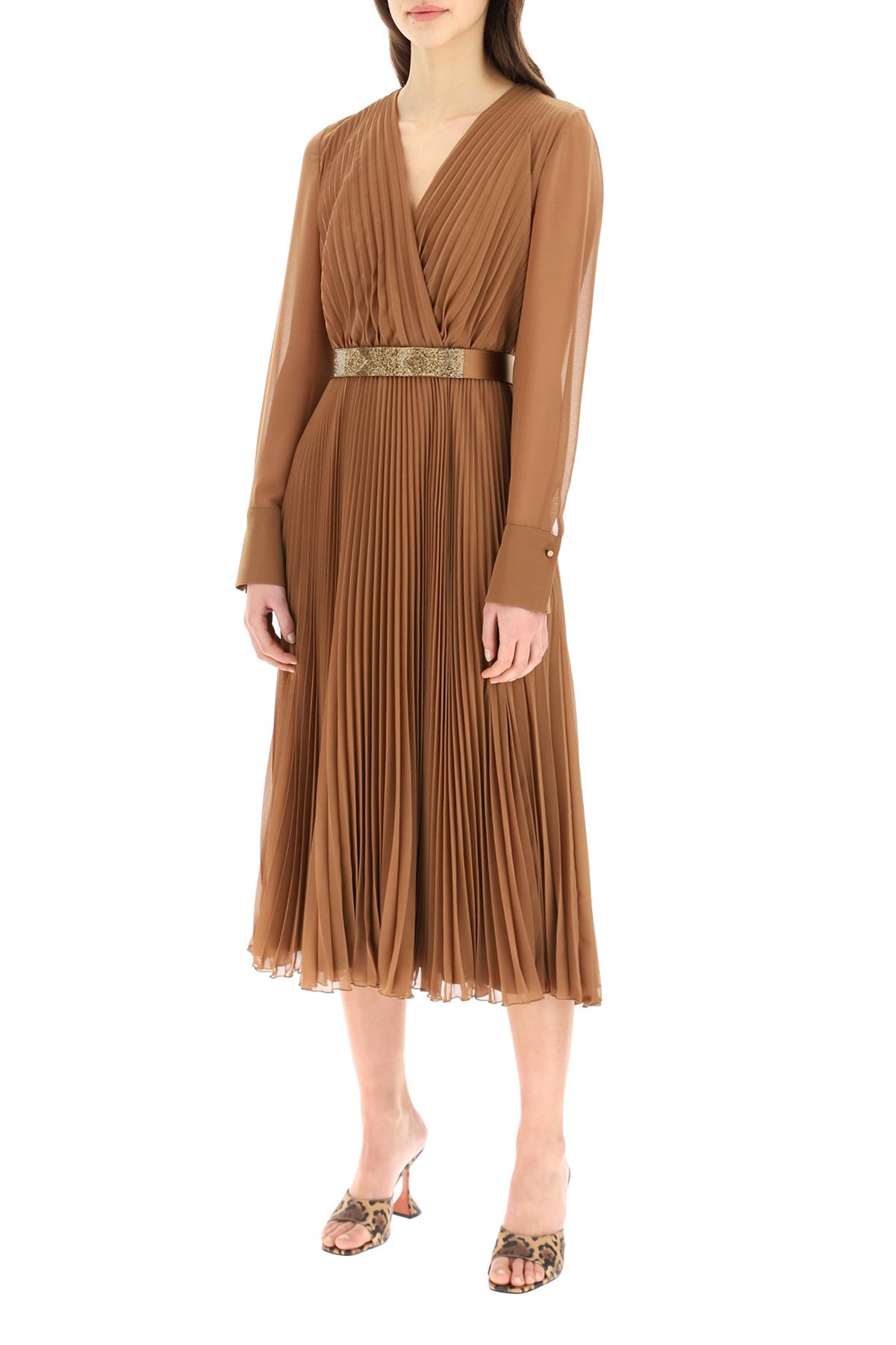 Max Mara Satin Pleated Dress With Belt in Brown - Lyst