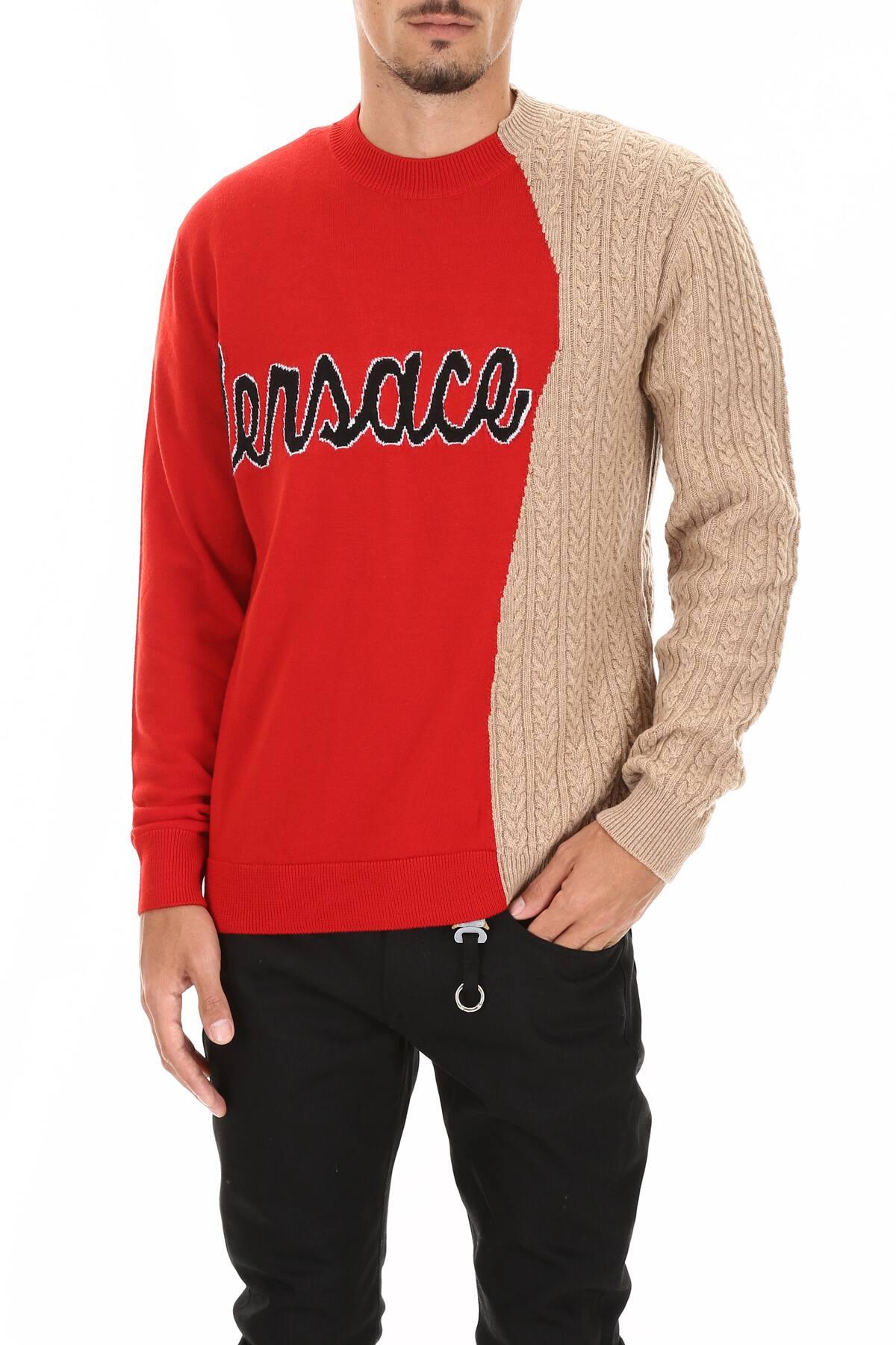 Versace Bicolour Logo Knit Sweater in Beige,Red (Red) for Men - Lyst