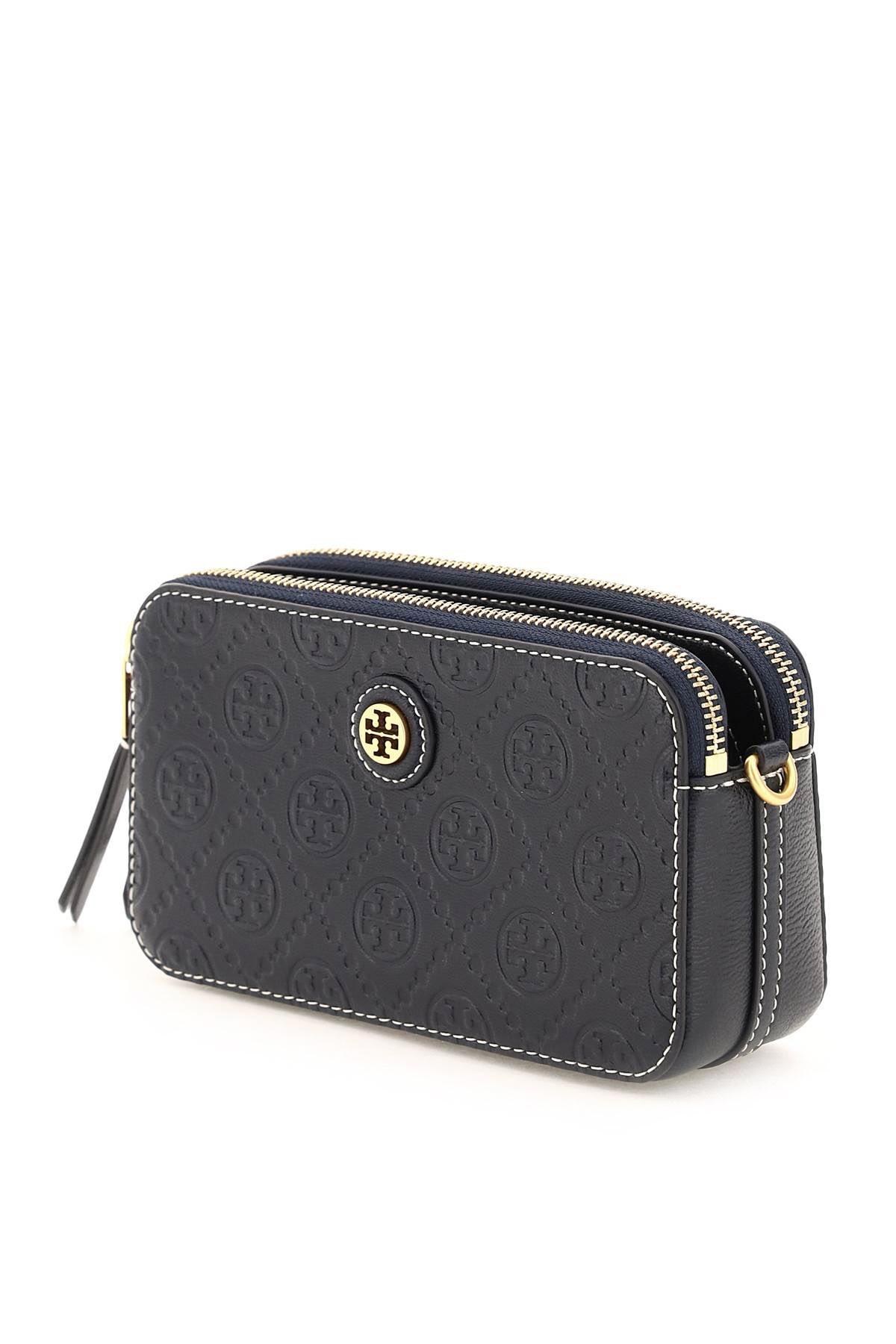 TORY BURCH T MONOGRAM LEATHER DOUBLE-ZIP MINI CROSSBODY BAG Dark Blue +POUCH